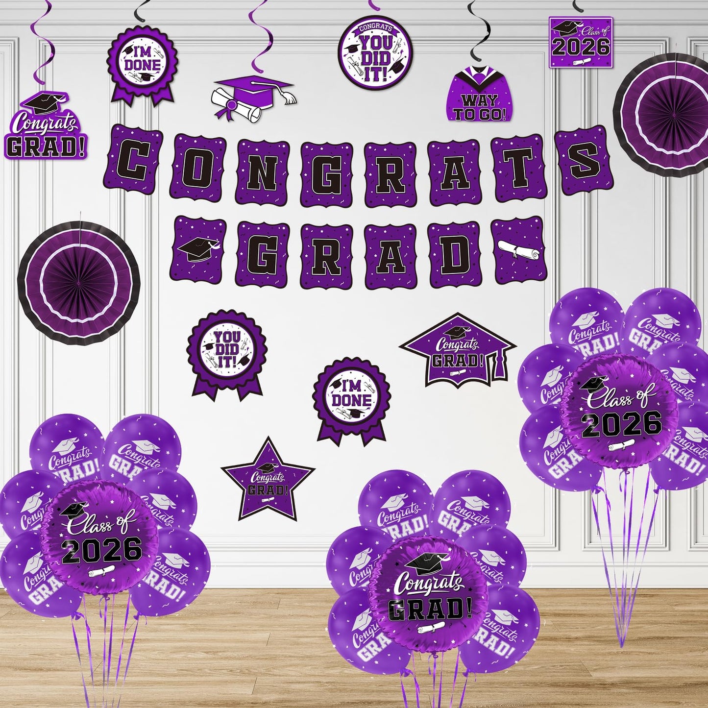 Black and Gold Themed 2026 Graduation Decorations Set - Congrats Grad Banner, Class of 2026 Backdrop, Balloons & Streamers Kit - Graduation Party Supplies for High School & College Celebrations BST326H