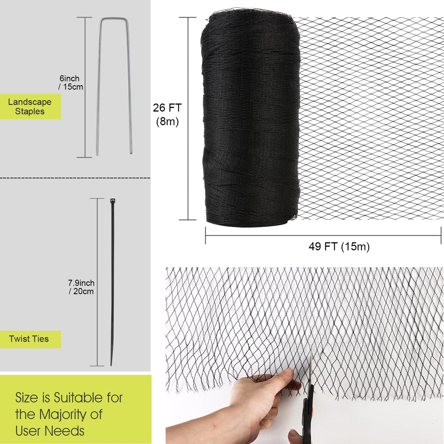 Bird Netting for Garden - 13 x 40 FT Heavy Duty Anti Bird Netting Mesh with Ties and Landscape Staples for Vegetable, Fruit Trees & Other Plants, Lasting Against Birds Deer Squirrels and Poultry
