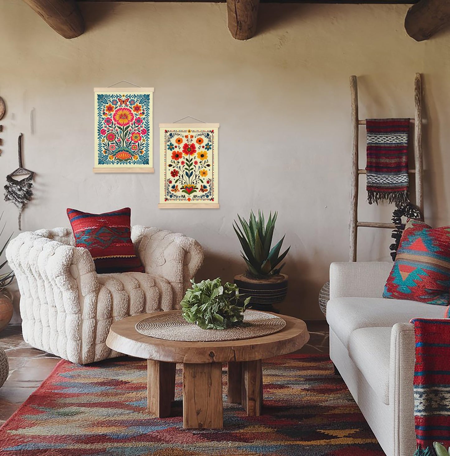 SPBL&L Green Boho Floral Mexican Wall Art, Abstract Flower Poster Hanger Frame, Burnt Orange Terracotta Botanical Hanging Canvas Pictures Prints Wall Decor for Home Bedroom, 12x16 Inch Set of 2 BST202