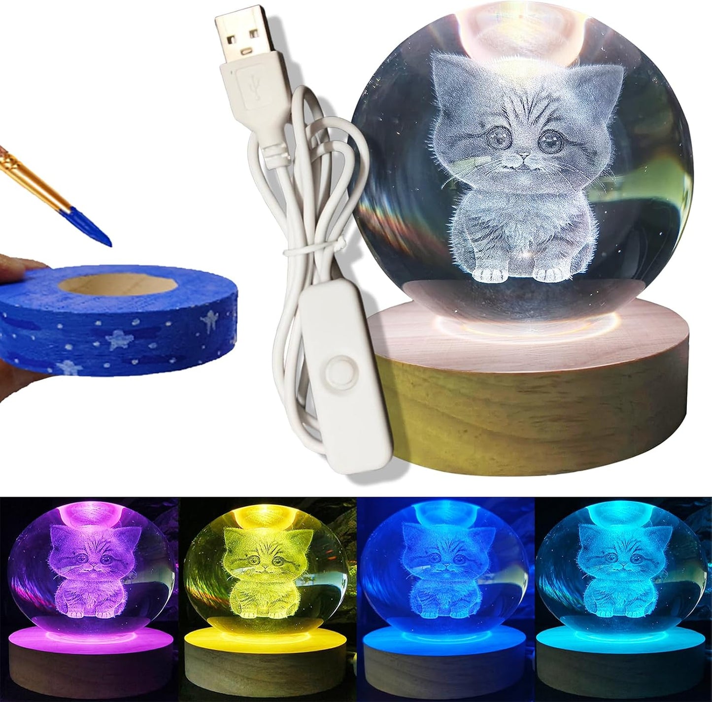 3D Kitten Crystal Ball 3.15" / LED Gradient Color Wooden USB Switch Base/Cat-Themed Couple Gift/Birthday,Christmas Gifts for Women WN420