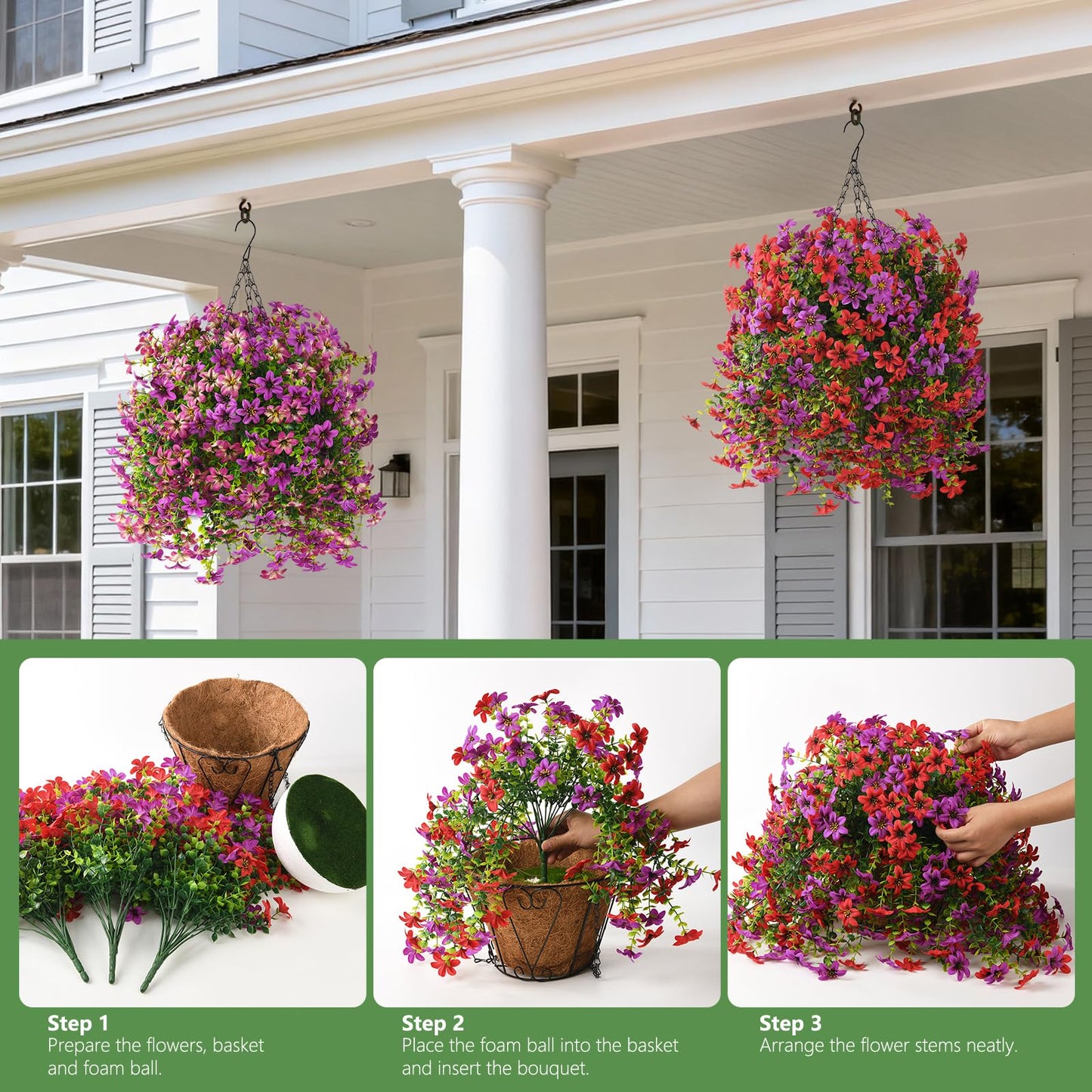 Artificial Flowers for Outdoor Faux Flowers for Plant Pot Spring Decoration | 2 Pcs Faux Hanging Plants UV Resistant Look Real Outside Home Garden Porch Patio Entrance Courtyard Decor BST326H