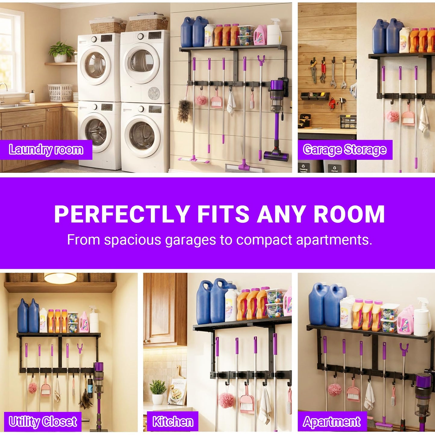 Heavy Duty Broom Holder Wall Mount with Cleaning Supplies Organizer, Space-Saving Laundry Room Organization and Storage Shelves, All-Metal Mop Hanger Broom Rack with Hooks, Garage Organizer Shelf