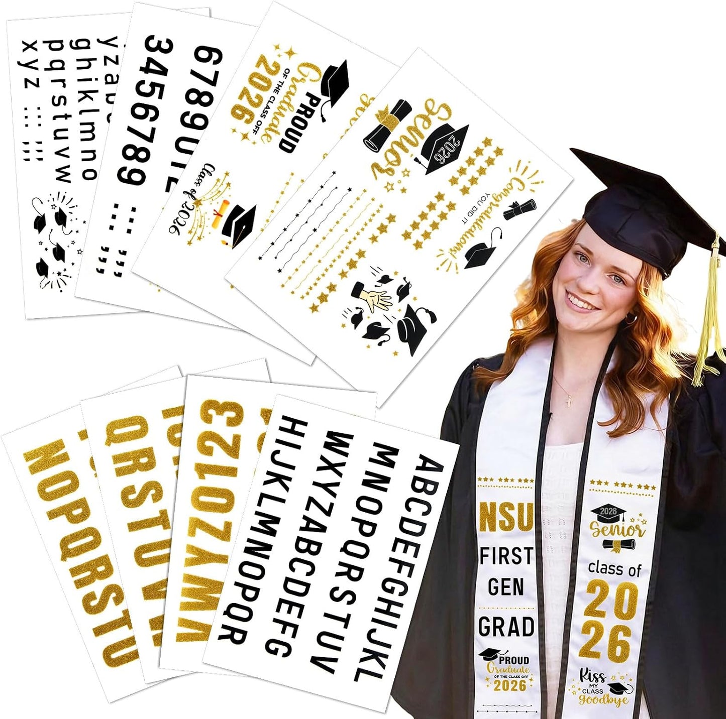 Graduation Stole Sash Class of 2026 Iron on Transfers - Personalized DIY Heat Transfer Vinyl HTV Cutouts Set for Custom Graduation Sash Cap and Gown Decorations BST220