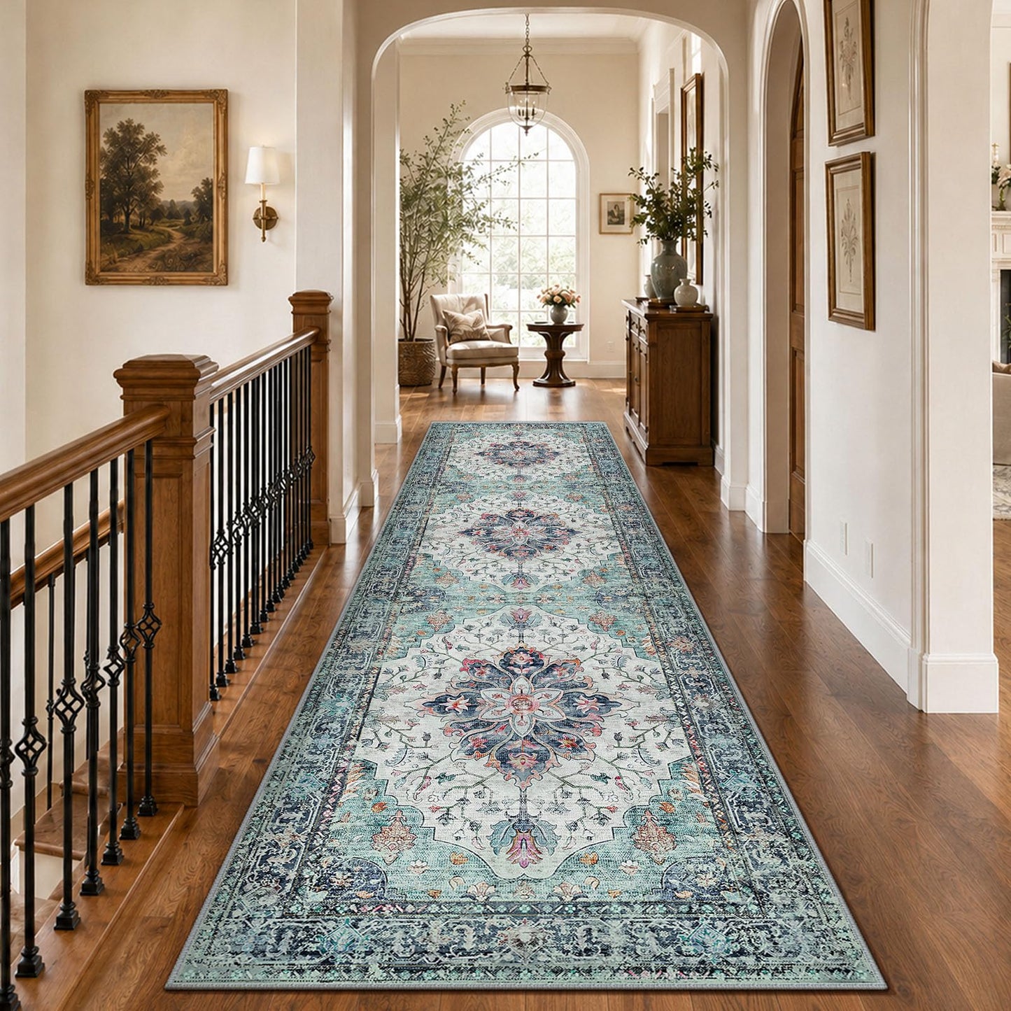 RELEANY Area Rugs Runner 2'x6' Washable Non-Slip, Floral Vintage Distress Medallion Carpet for Kitchen Hallway Bedroom Beside Laundry Room Bathroom, Teal Green Lake Blue Turquoise DD1210