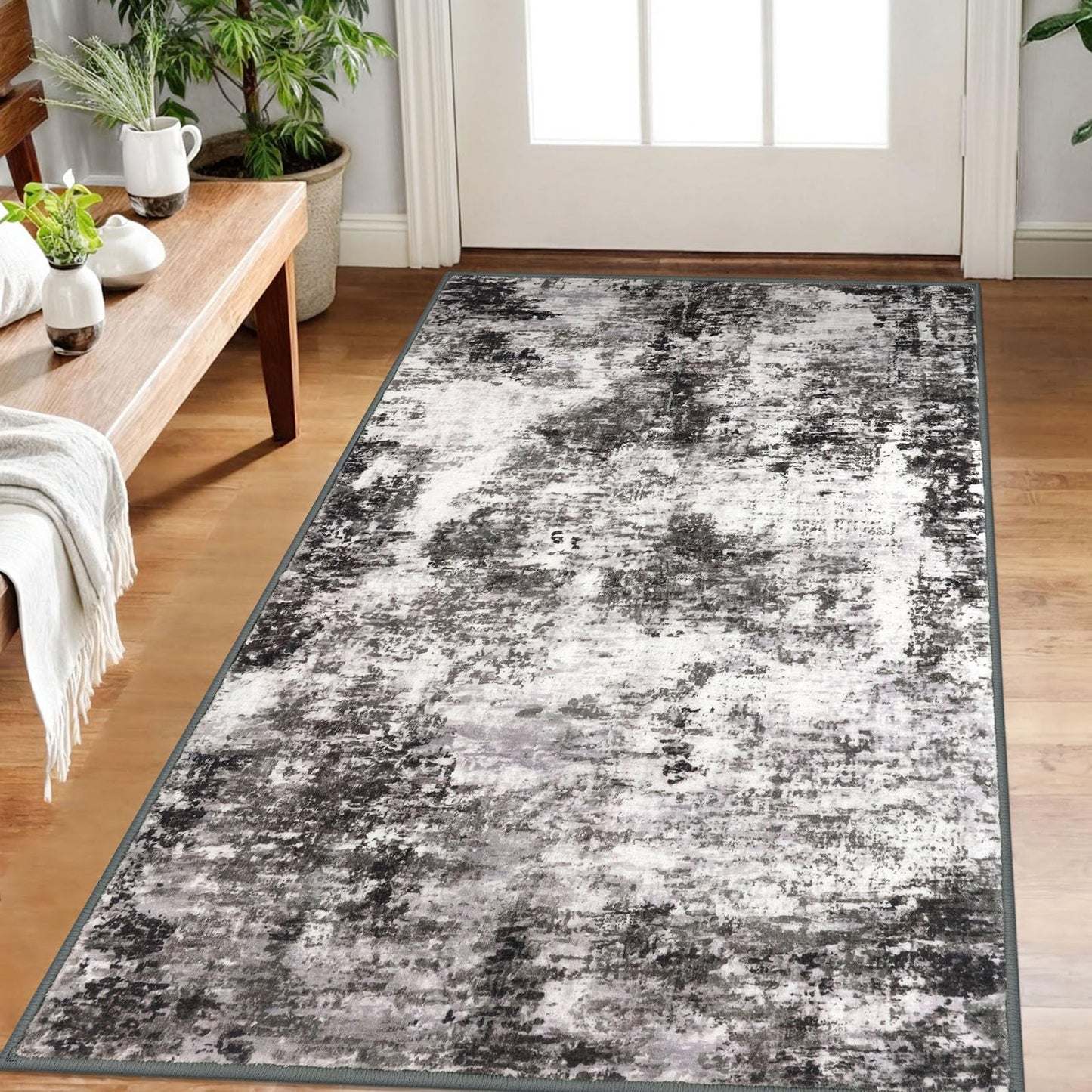 Lansny Modern Abstract Runner - 2x5, Beige Grey Washable Kitchen Entryway Rug Mat Non-Slip Soft Neutral Hallway Rug Thin Print Faux Wool Carpet for Bedroom Laundry Room Indoor BST220