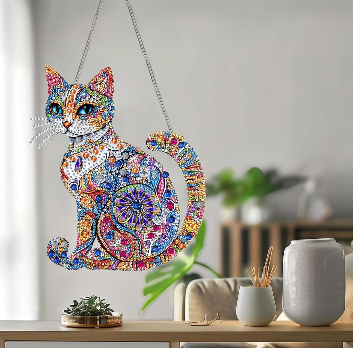 Bimkole Cat Diamond Art Hanging Kit for Adult, DIY 5D Animals Diamond Art Painting Window Pendant, Acrylic Crystal Art Hanging Ornament for Wall Home Garden Front Door Decor - 7.8x7.8 Inch BST220