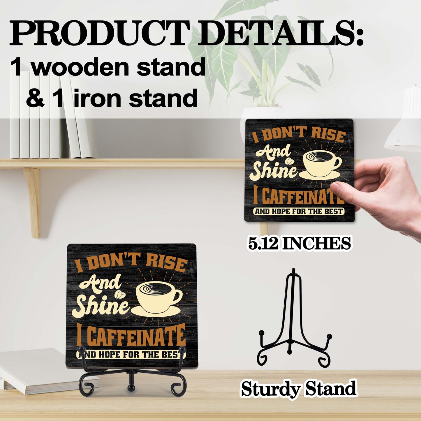 Coffee Bar Decor, Farmhouse Kitchen Table Decor, Coffee Station Accessories, Wooden Decorative Sign with Iron Stand for Table Desk Shelf Display-E21 BST220