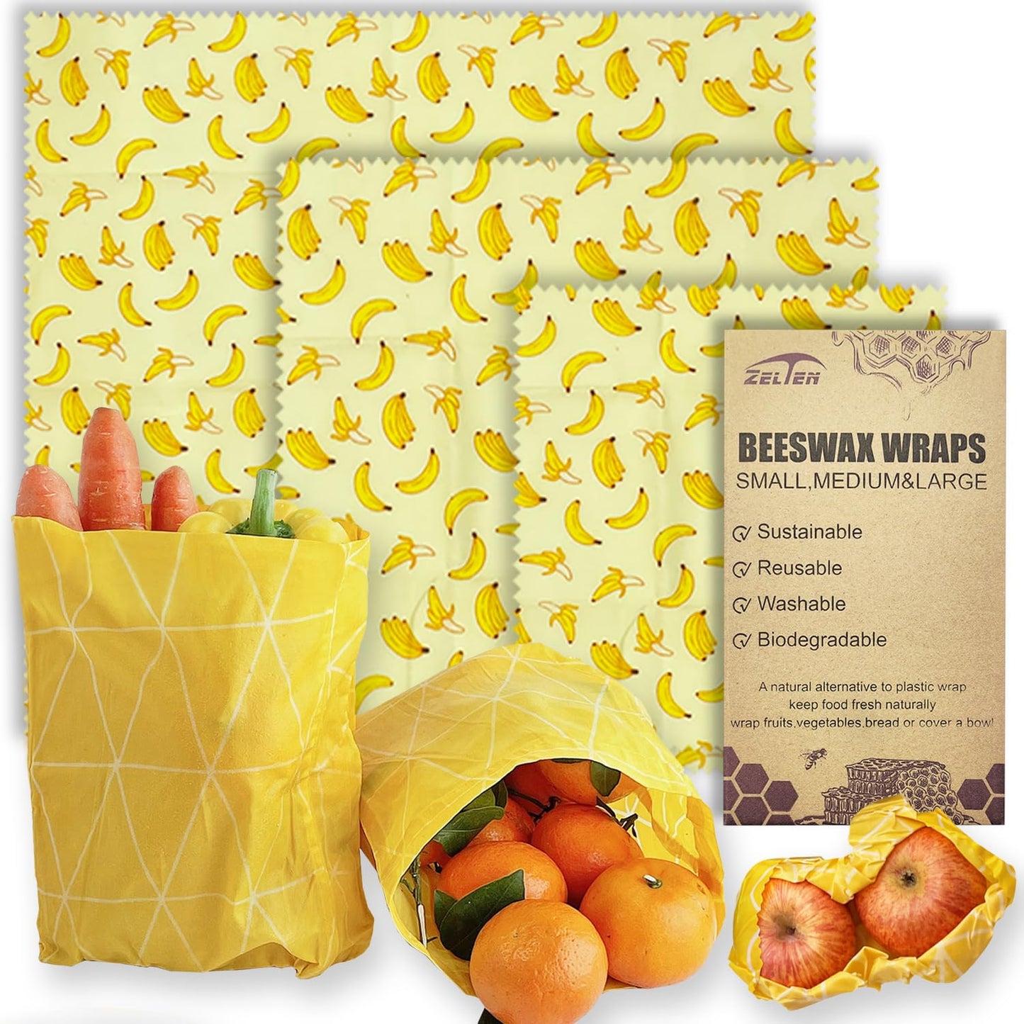 Beeswax Reusable Food Wraps - (6 Packs, 3 Sizes S,M,L, with 2 Meter Hemp Rope, Two Buttons) Plastic and Silicone Free, Eco-friendly Wrap, Wax Paper for Food,Flower BST220