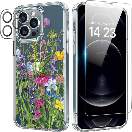 bicol for iPhone 12 Pro Max Case with Screen Protector and Camera Lens Protector - Fashionable Flower Floral Designs for Women Girls - Shockproof Acrylic Clear Phone Cover 6.7" - Blooming Flowers WN420