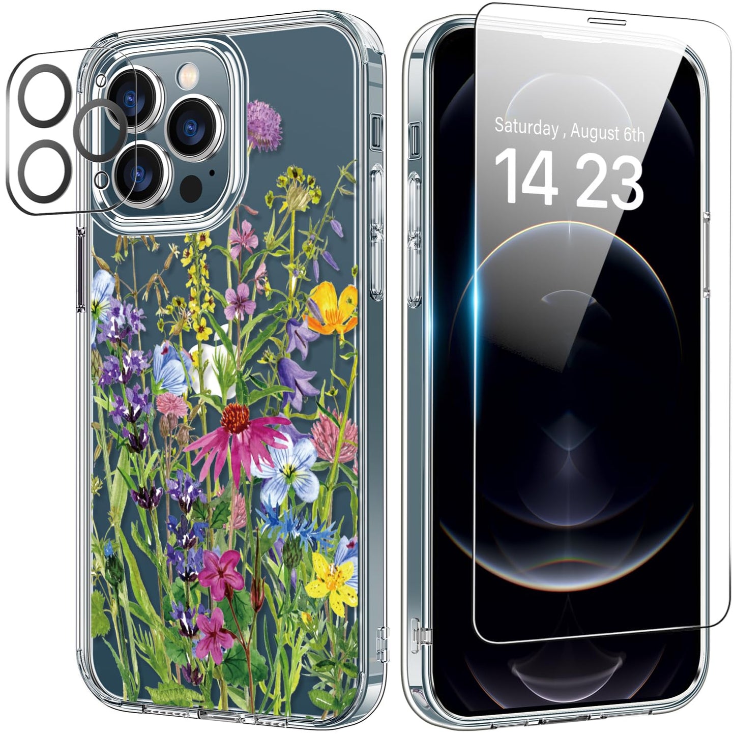 bicol for iPhone 12 Pro Max Case with Screen Protector and Camera Lens Protector - Fashionable Flower Floral Designs for Women Girls - Shockproof Acrylic Clear Phone Cover 6.7" - Blooming Flowers WN420