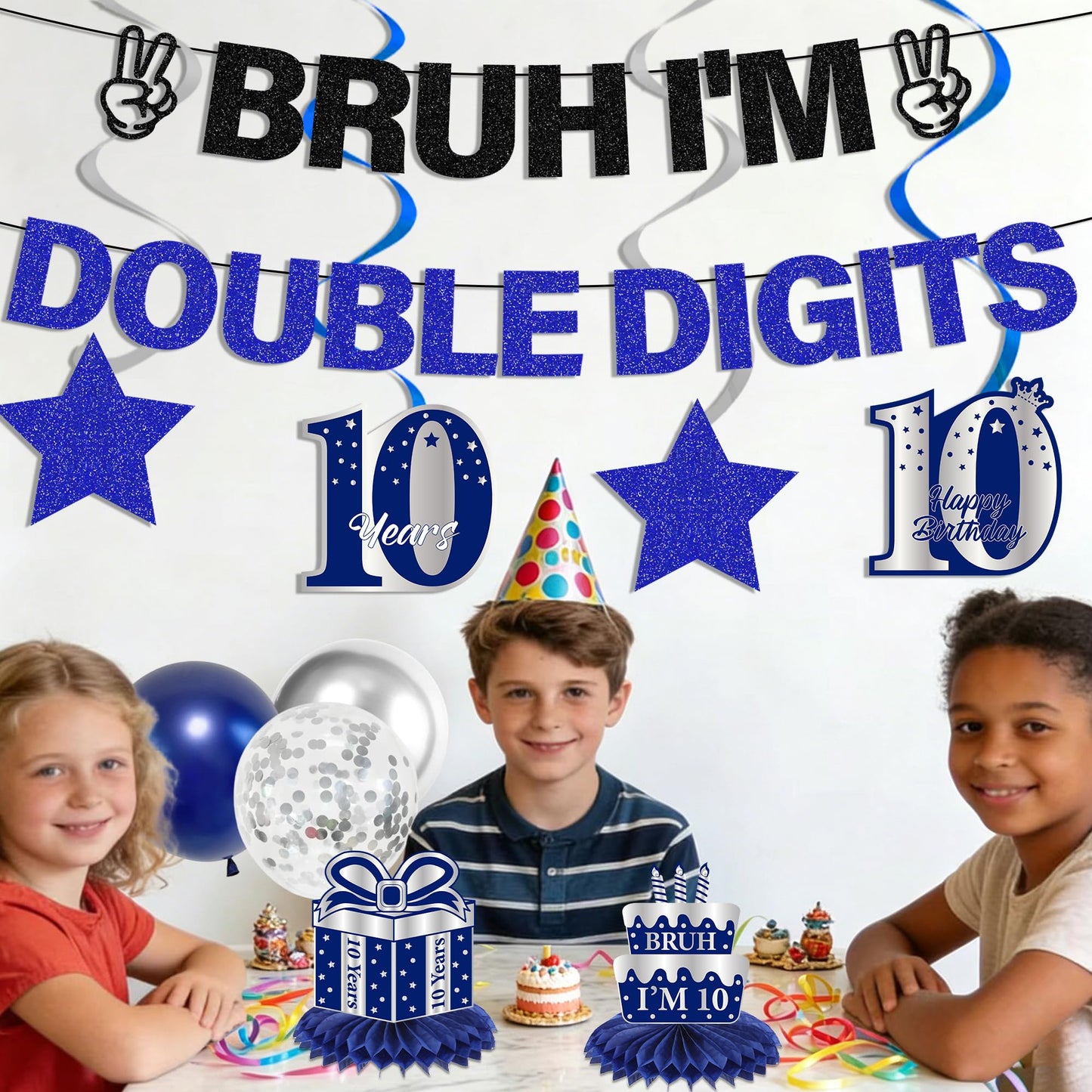 10th Birthday Decorations Banner Boys - 11 Pcs Silver Black Bruh I'M Double Digits Banners Hanging Swirls Honeycomb Table Decoration Latex Balloons For Boy 10 Year Old Bday Party Supplies BST220