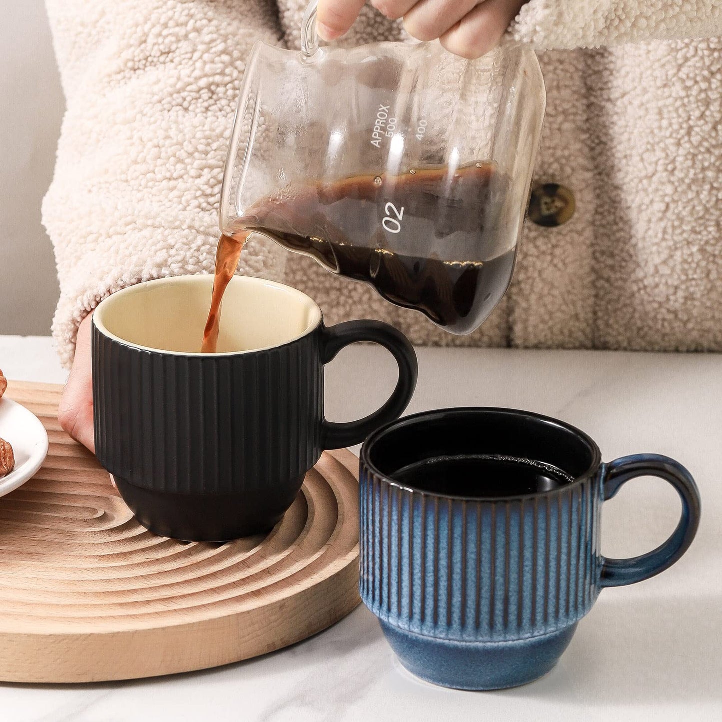 HASENSE 15 oz Ribbed Stackable Coffee Mug Set of 4, Porcelain Latte Cups with Metal Rack, Dishwasher & Microwave Safe, Cappuccino Tea Hot Cocoa, White BST220