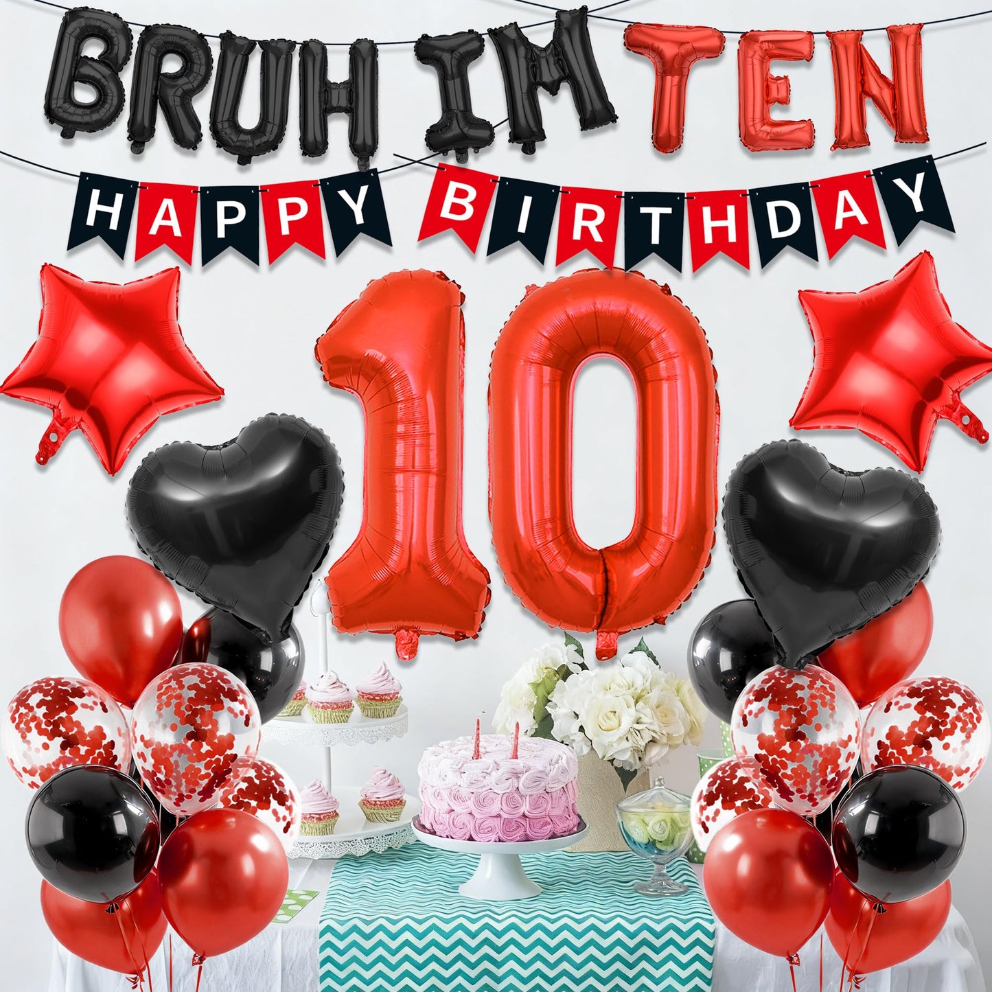 9th Birthday Decorations Boys Kit - 27 Pcs Red and Black Bruh Im Nine Balloon Banners Happy Birthday Fishtail Flags Number 9 Balloon Star Heart Balloons Set for 9 Year Old Party Decoration Supplies BST202