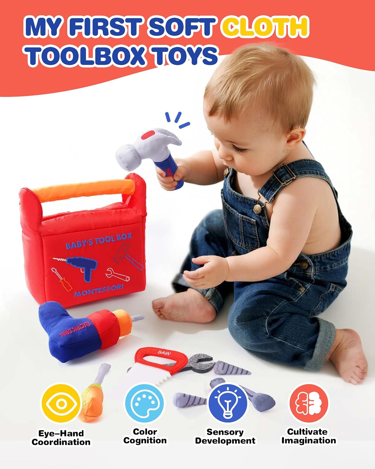 Jollybaby Soft Kid Tool Box Set Toy Inclub Drill Hammer Saw Wrench Screwdriver Screw for Baby, Montessori Preschool Educational Learning Construction Toys for Boy Birthday Gift - RED WN420