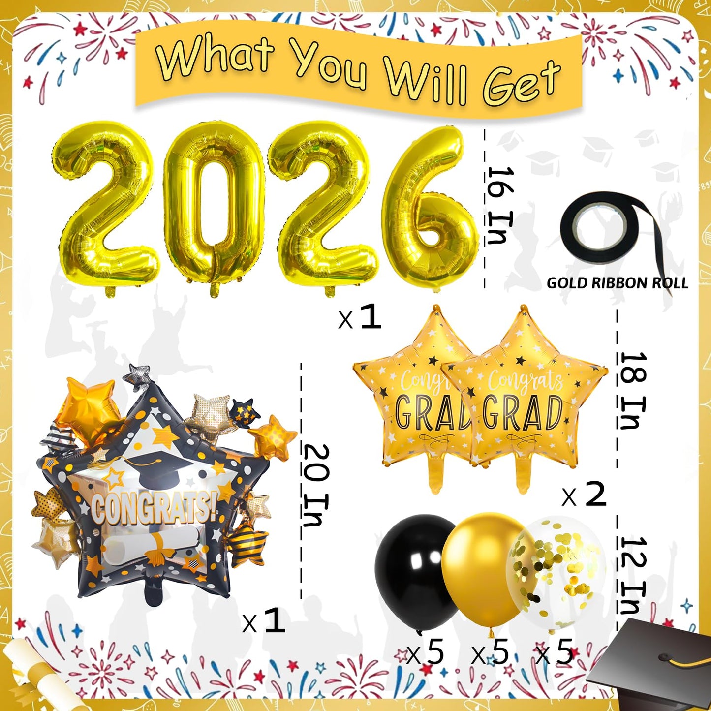 Graduation Balloons Congrats Grad Balloons Gold and Black Balloon for 5th Grade Graduation Decorations Grad Party Decorations 2026 BST326L