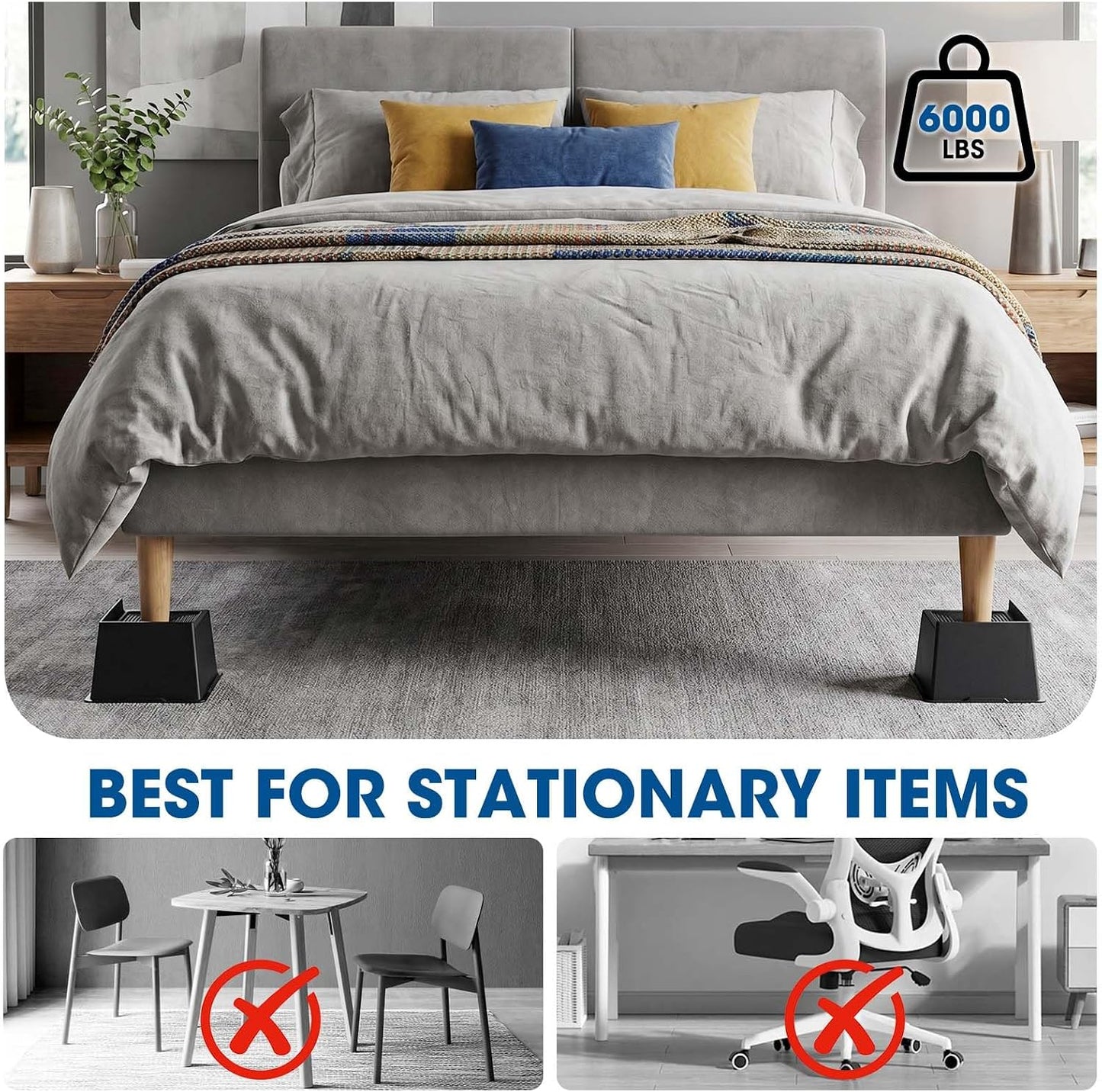 MYMULIKE Bed Risers 5 Inch Heavy Duty, Oversized Furnitures Risers 5 inch Support 6000 lbs, Bed Table Rising Blocks, Fits for Couch, Sofa, Chair, Furniture Lifts (Black 6 Pack) BST202