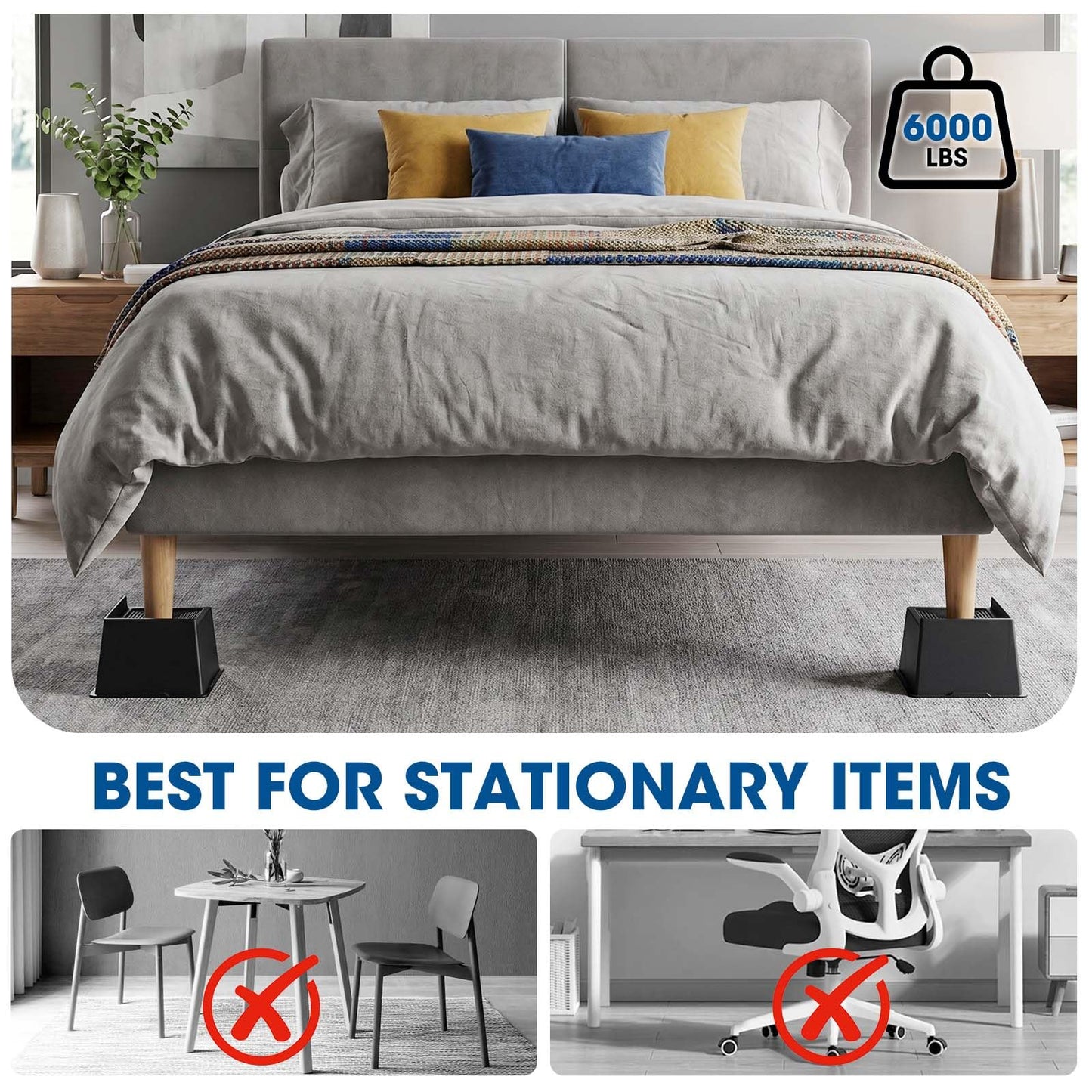 MYMULIKE Bed Risers 5 Inch Heavy Duty, Oversized Furnitures Risers 5 inch Support 6000 lbs, Bed Table Rising Blocks, Fits for Couch, Sofa, Chair, Furniture Lifts (Black 6 Pack) BST202