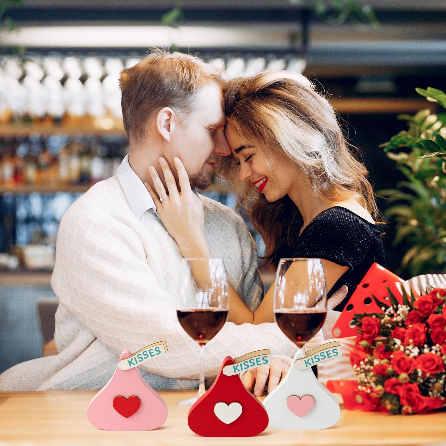 WATINC Valentine Tiered Tray Signs - 3PCS Valentine's Day Kisses Wooden Table Centerpiece Decorations, Sweet Glitter Candy Chocolate Wood Desk Decor, Romantic Tabletop Wedding Farmhouse Party Gifts BST202