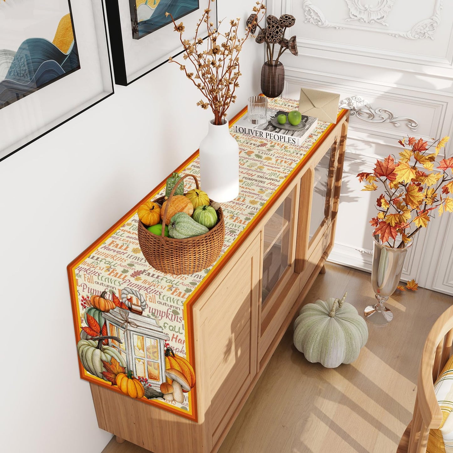 Fall Table Runner-Farmhouse Fall Leaves Pumpkin Table Decor Autumn Thanksgiving Home Kitchen Dining Room Table Decorations 13x36 Inch BST220