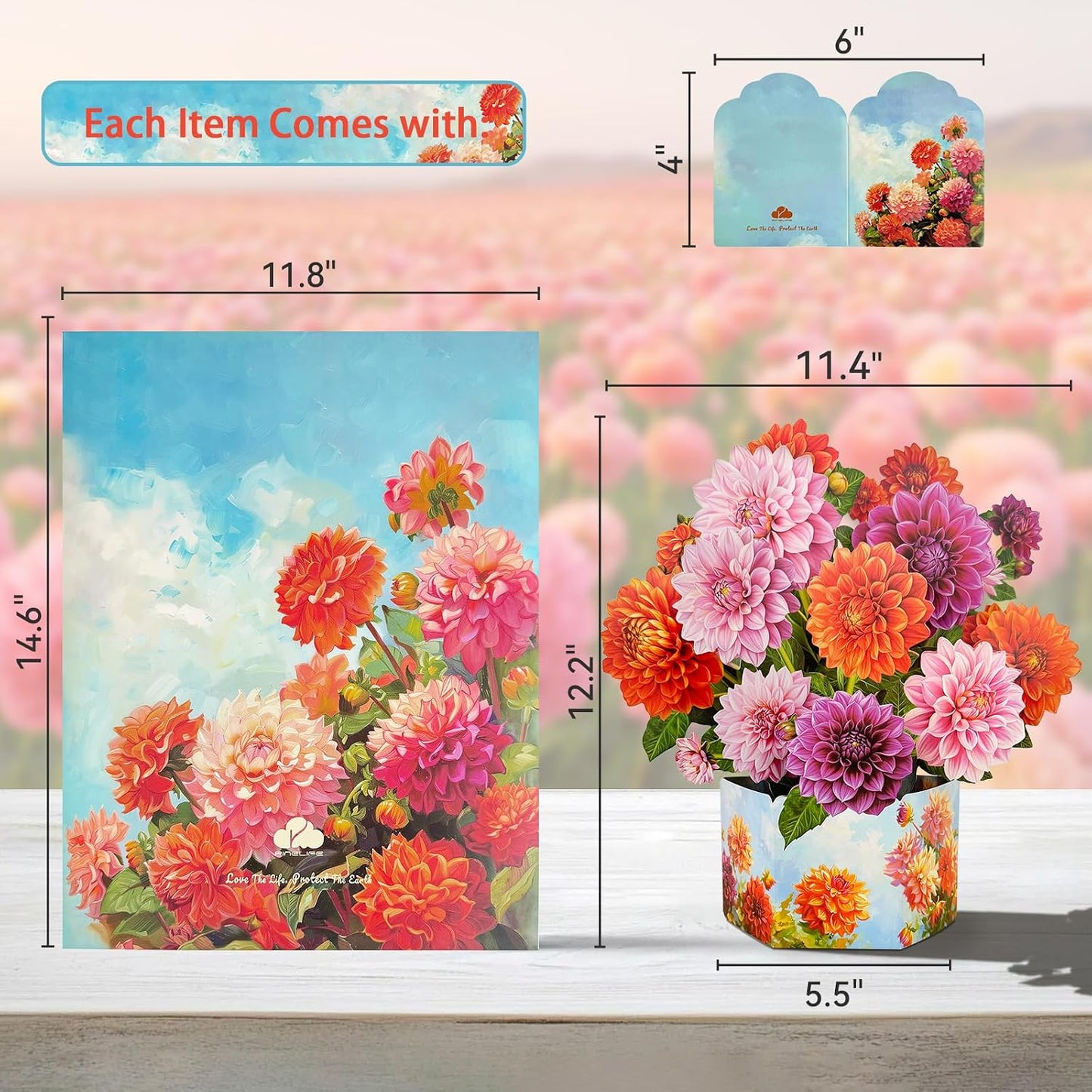 Pop Up Greeting Cards, Dahlia Paper Flower Bouquets | Birthday,Mother's Day, Thank You, Get Well, Anniversary,Include Note Card & Envelope WN420