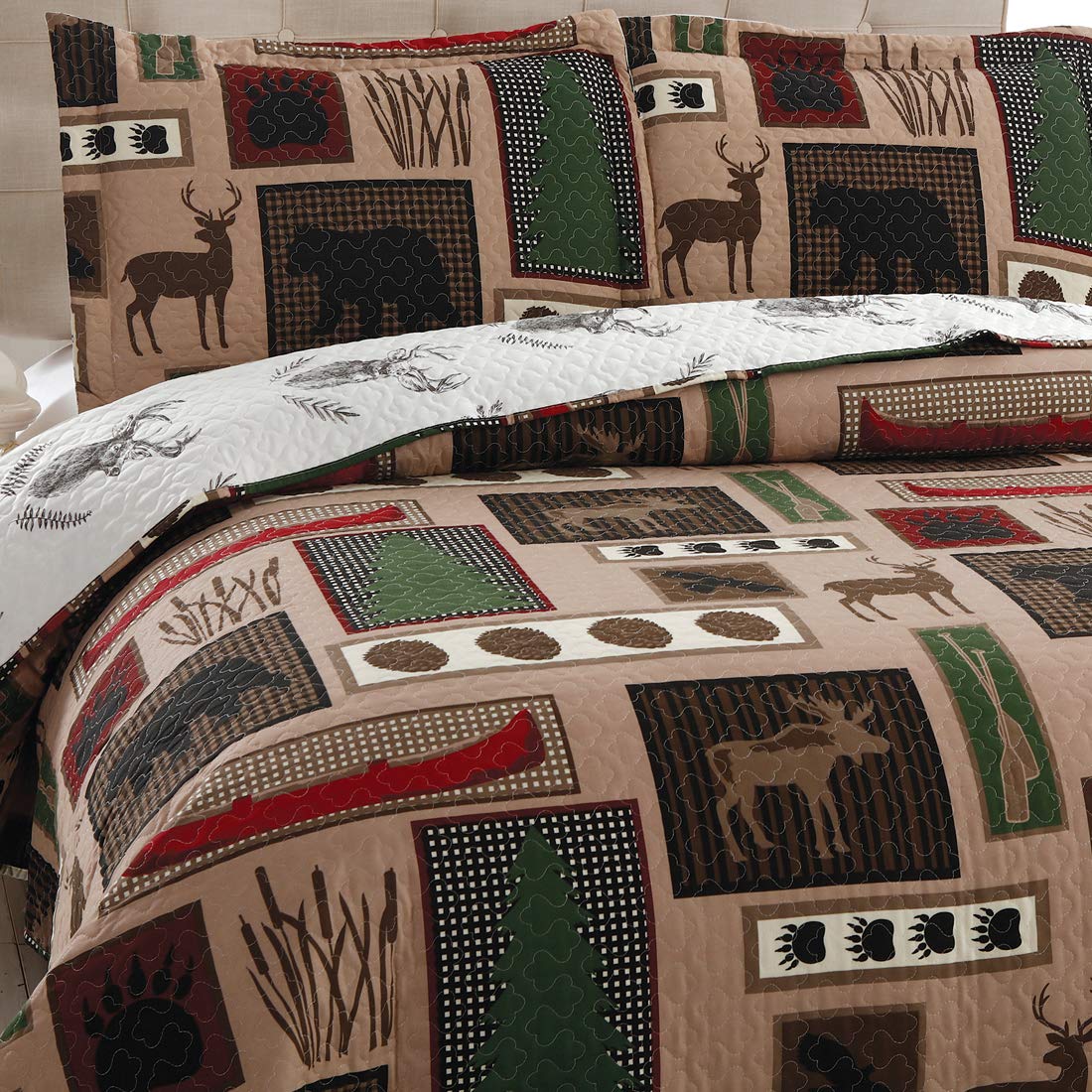 Rustic Moose Quilt Set King Size Lodge Quilt Lightweight Summer Cabin Bedspread Country Bedding Forest Bear Fish Pine Coverlet Daybed Cover Blanket Woodland Home Decor-Brown White BST220