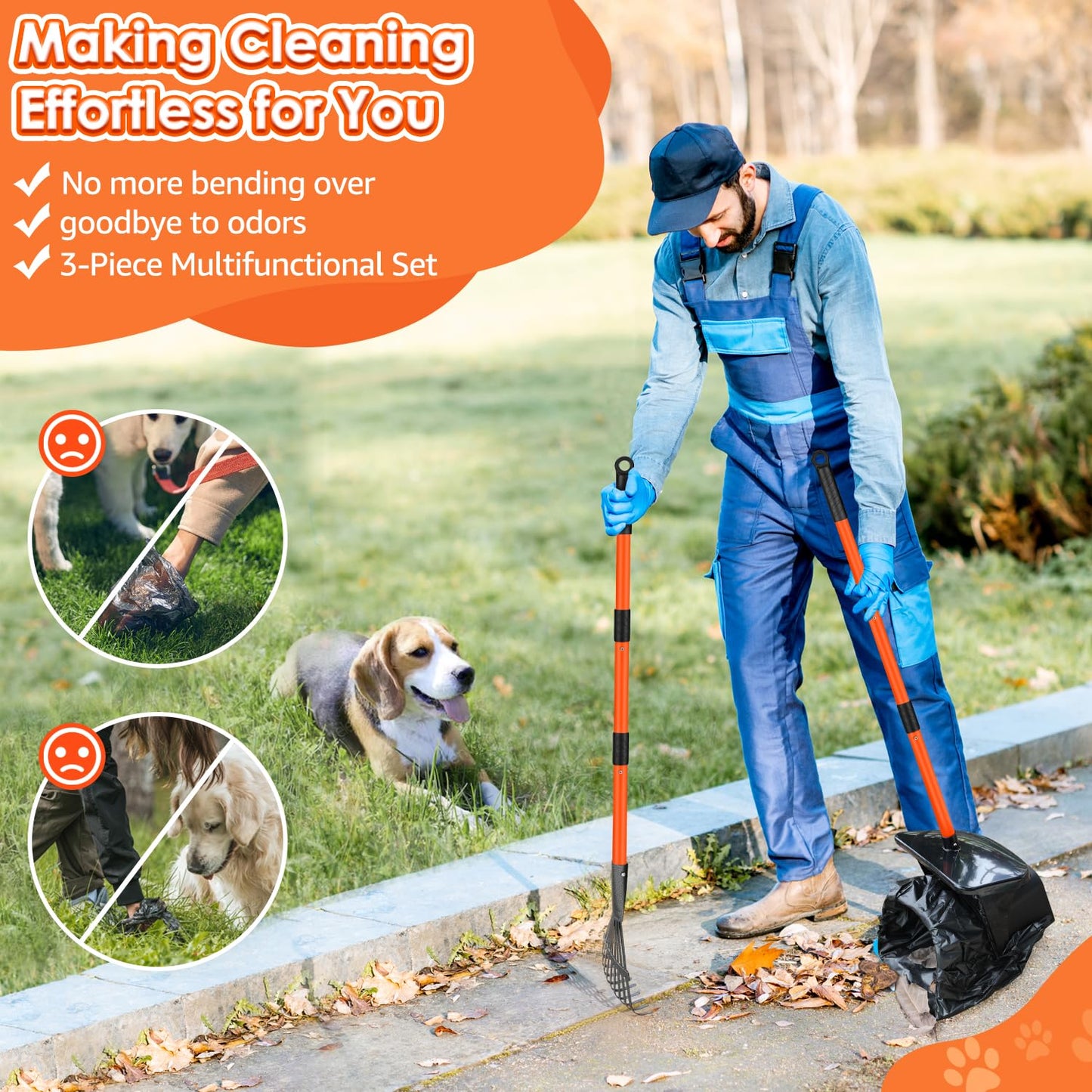 SlowTon Dog Pooper Scooper - 37.4" Long Metal Handle Adjustable Rake & Spade & Swivel Bin with 10 Waste Bags, Portable Pooper Scooper N3233