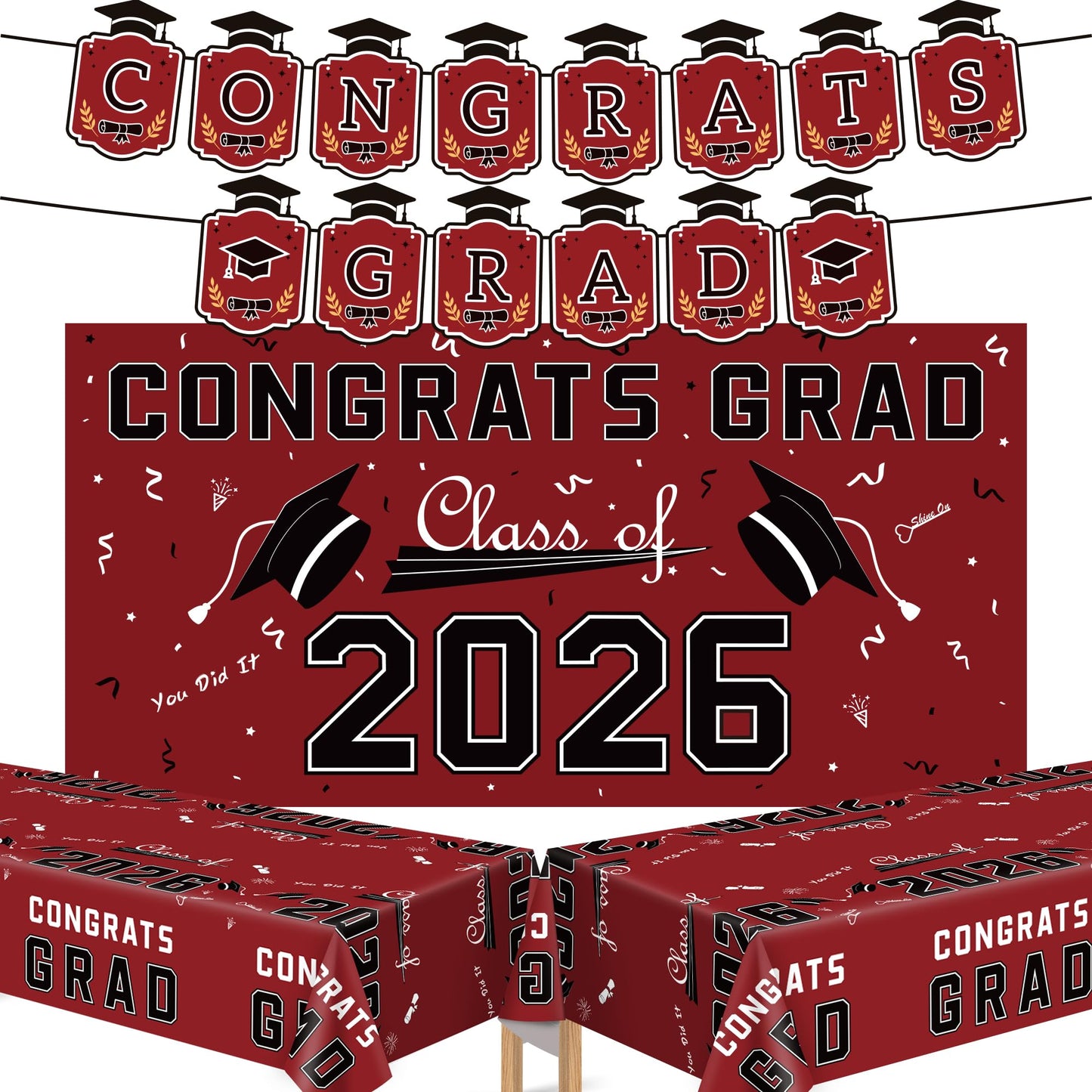 Graduation Decorations 2026 2027 - Red Congrats Grad Banner Backdrop Tablecloth Set - Graduation Decorations Class of 2026 | Graduation Party Favors Supplies WN420