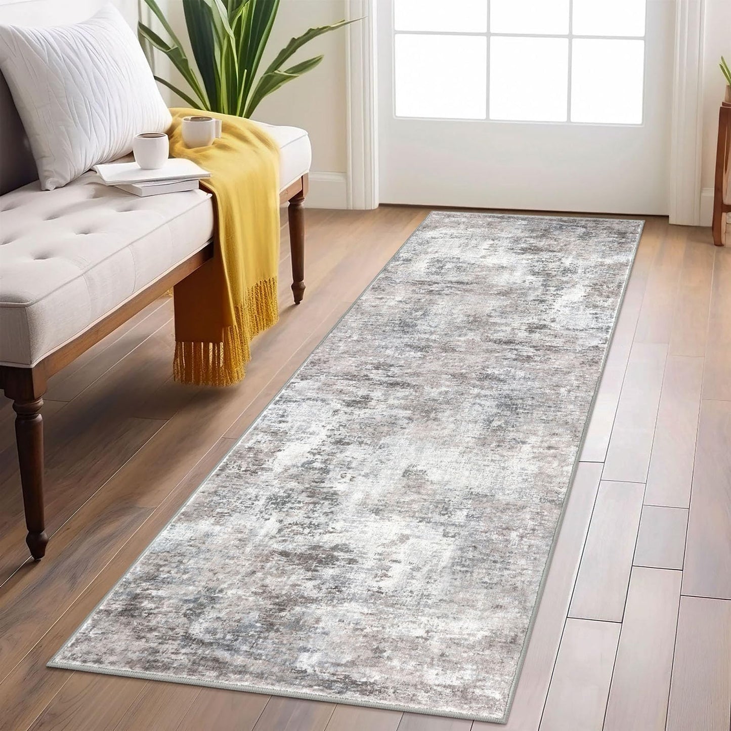 Lansny Modern Abstract Runner - 2x5, Beige Grey Washable Kitchen Entryway Rug Mat Non-Slip Soft Neutral Hallway Rug Thin Print Faux Wool Carpet for Bedroom Laundry Room Indoor BST220