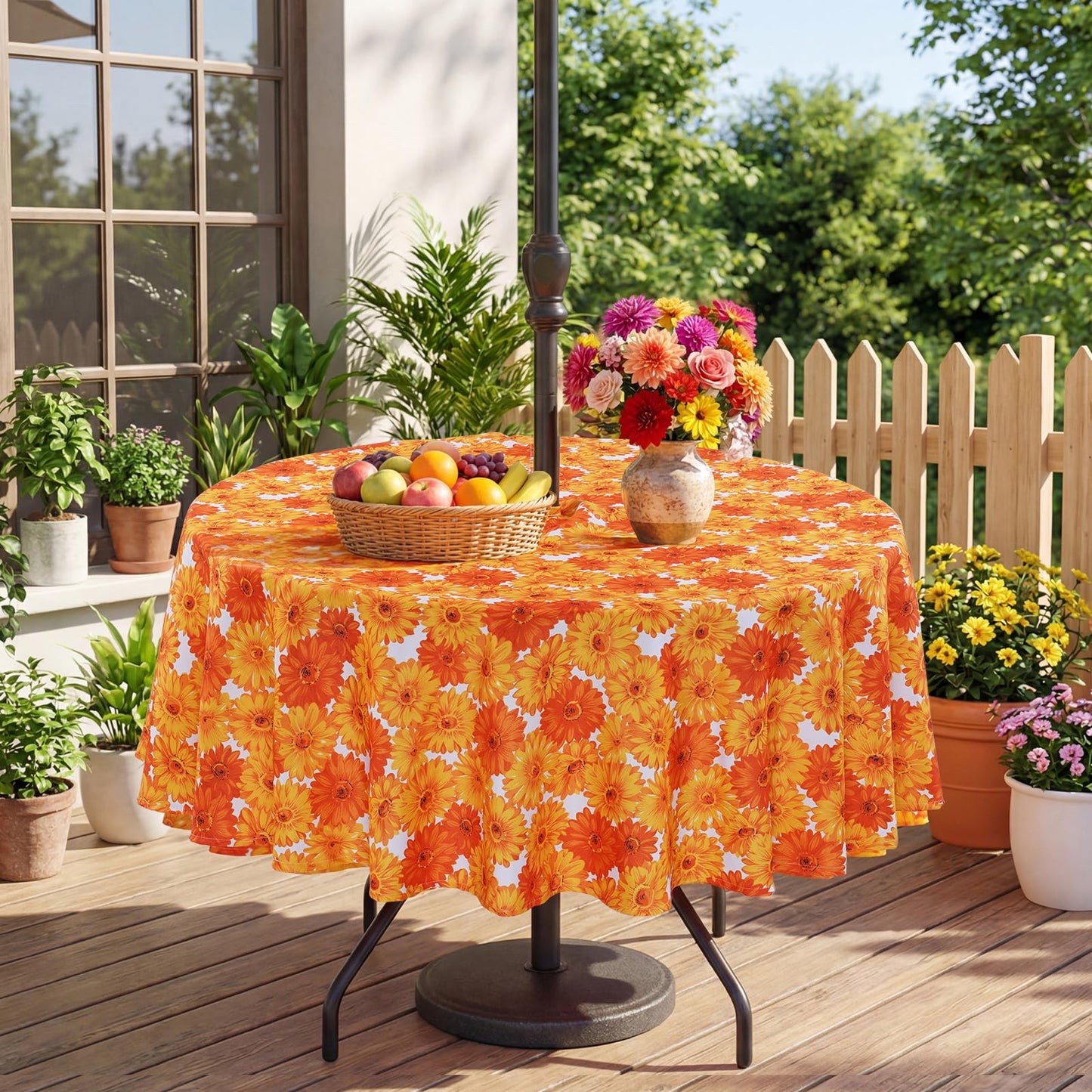 Eternal Beauty 52” Round Tablecloth Waterproof Outdoor Tablecloth with Umbrella Hole Zipper for Spring Summer Patio Picnic Tables (Tropical Palm Leaf) BST326H