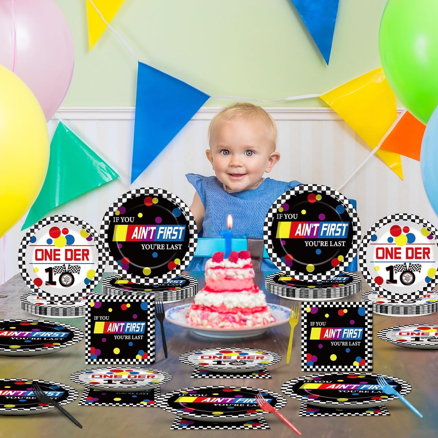 96 Pcs Race Car 1st Birthday Party Plates and Napkins Racing Cars First Birthday Decor Race Car One Year Old Dessert Cake Plates Racing Cars Theme Tableware Set for Kids Boy Party Decor 24 Guests BST202