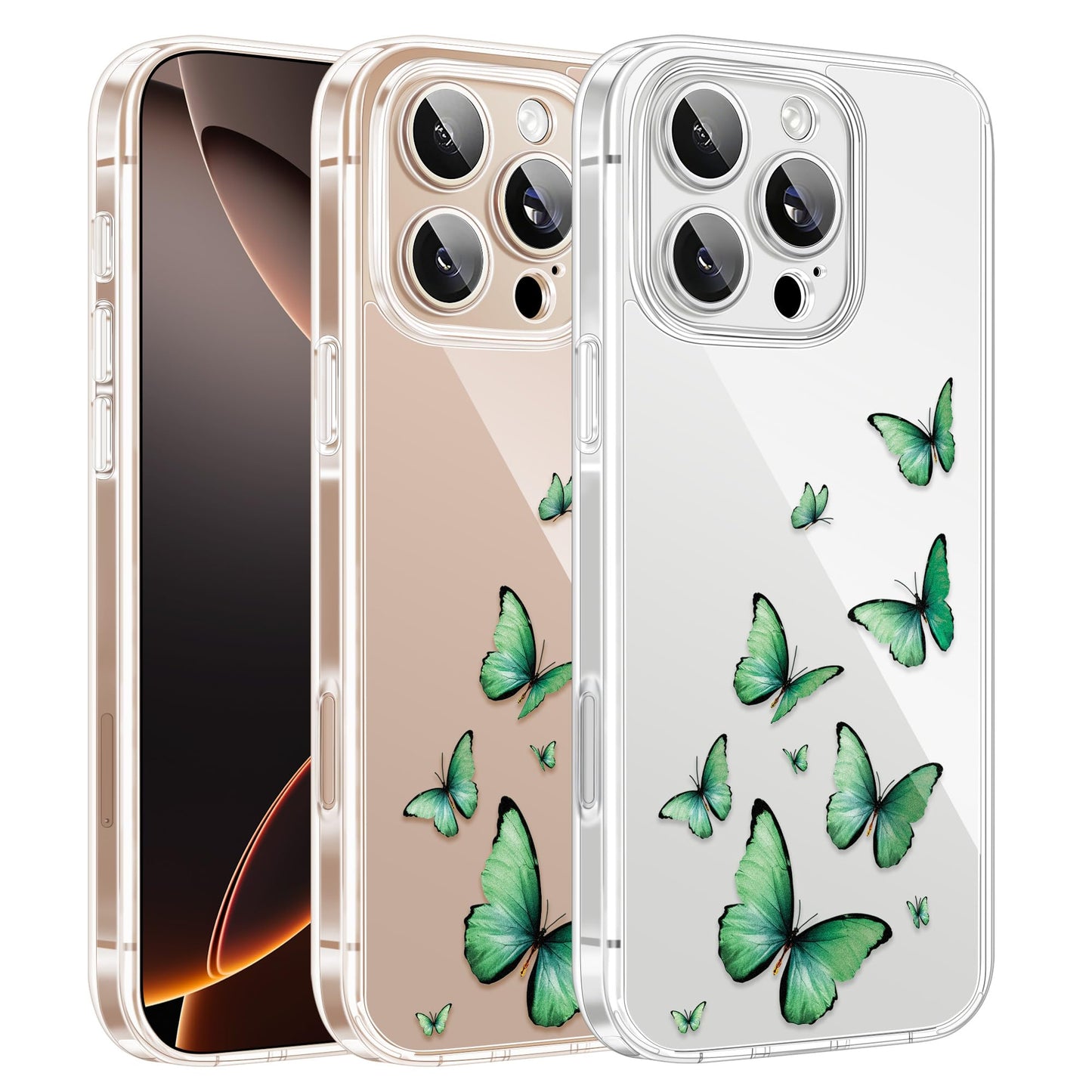 Cute Girly Crystal Clear Case Compatible with iPhone 16 Pro, Camera Control & Shockproof Protection Floral Case for Women, Blue Butterflies WN420