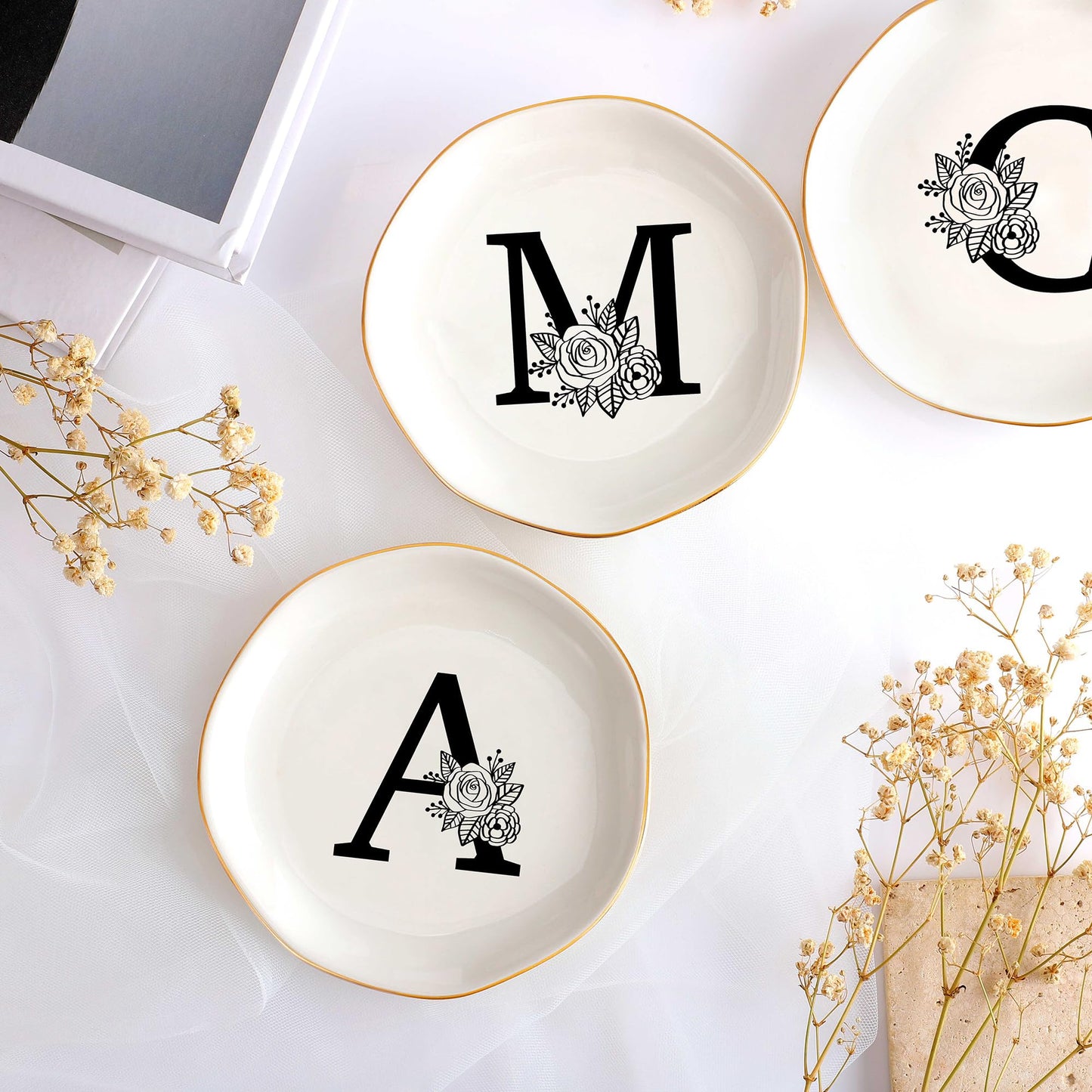 JoycuFF Initial B Ceramic Jewelry Tray, Bridesmaid Bride Gifts, Mothers Day Christmas Anniversary Engagement Birthday Gifts for Women Couples, Trinket Dish for Rings Earrings Necklaces Bracelets Keys BST202