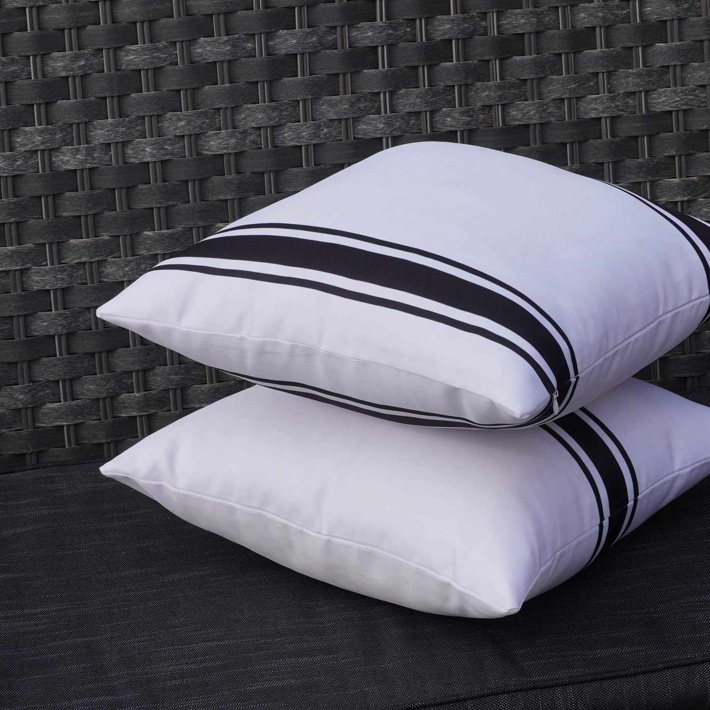 ONWAY Outdoor Pillow Covers Waterproof 18x18 Set of 2 Decorative Linen Throw Pillow Cover Beige and Black Striped Outdoor Pillows for Patio Furniture BST220