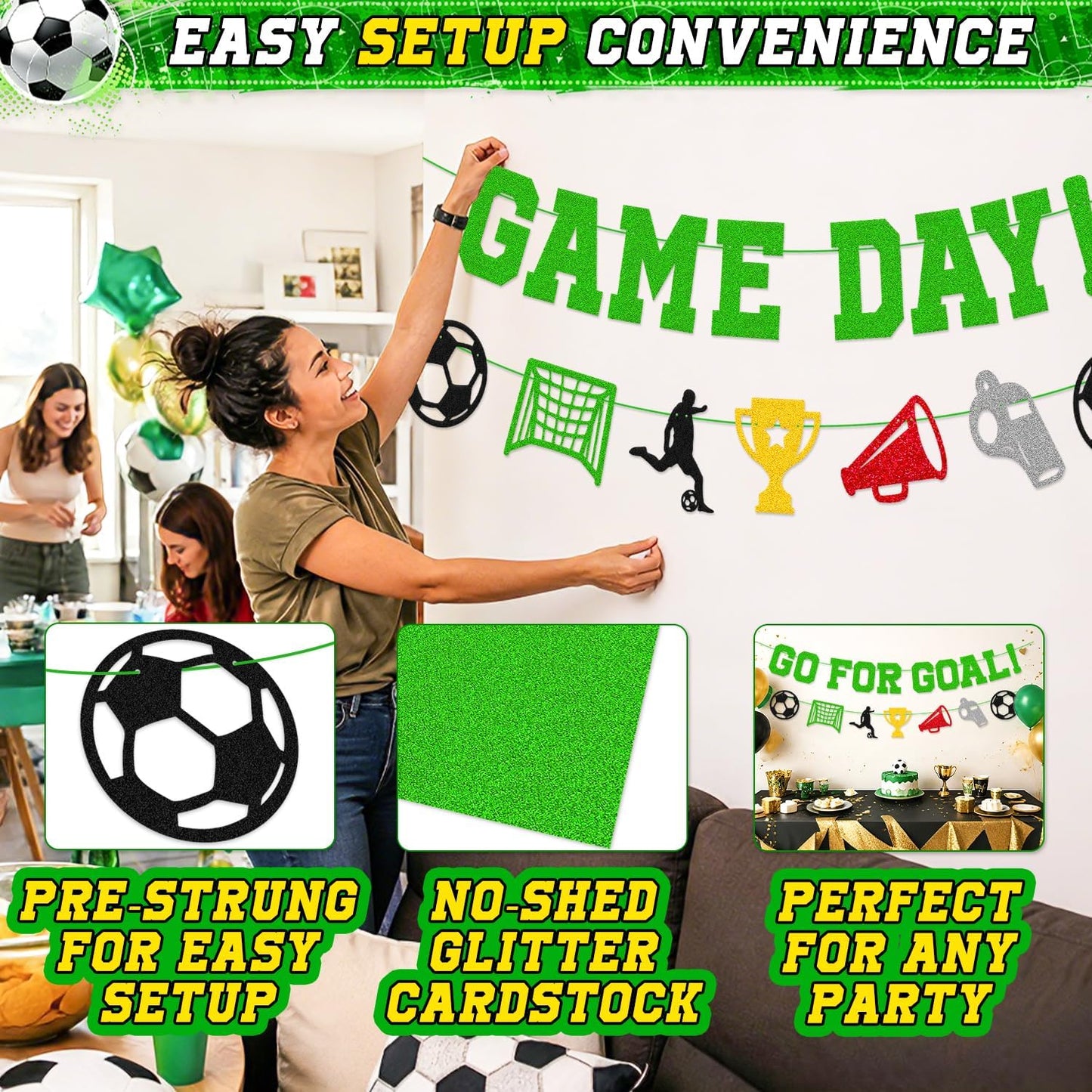 Come on World 2026 Cup Decorations Game Day Banner | World Football Party Decor 2026 International Soccer Competition Backdrop Sports Celebration Green Glitter Decor Pre-Strung BST326L