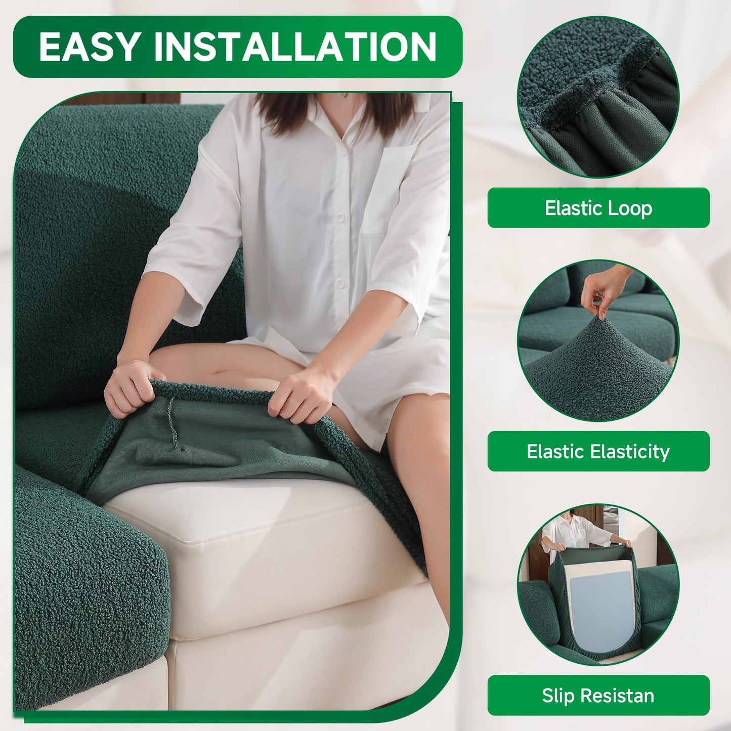 OHSIO Couch Cushion Covers for Sectional Sofa, Stretch Soft Sofa Slipcovers Washable Wear-Resistant Universal Furniture Protector for Living Room(1 Piece Oversized Cover, Green) BST202