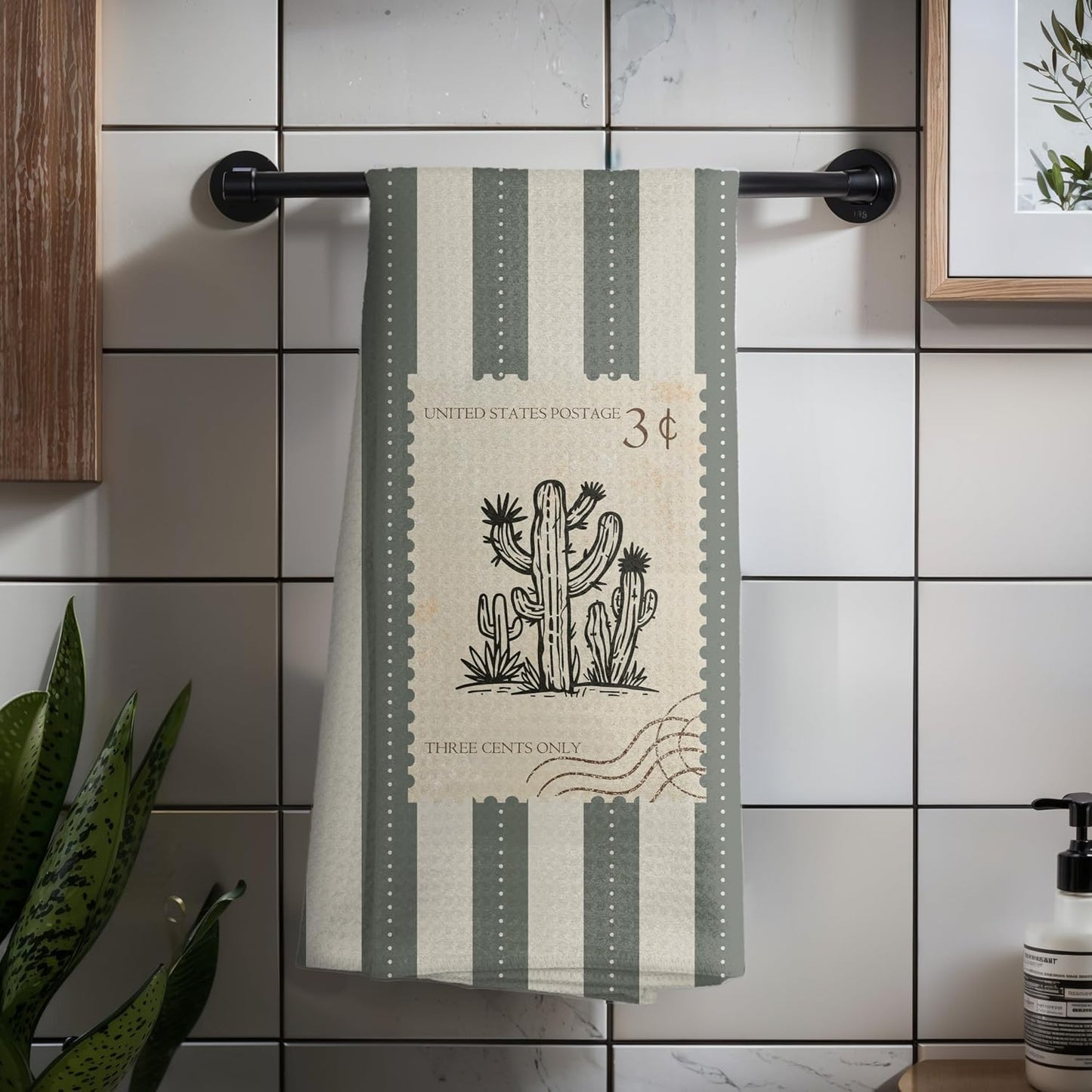 Retro Western Desert Cactus Kitchen Towels, Western Gifts Dish Tea Towels for Kitchen Decor, Rustic Country Cactus Stamp Striped Hand Towel for Bathroom Decor, 16x24 Inch BST326L