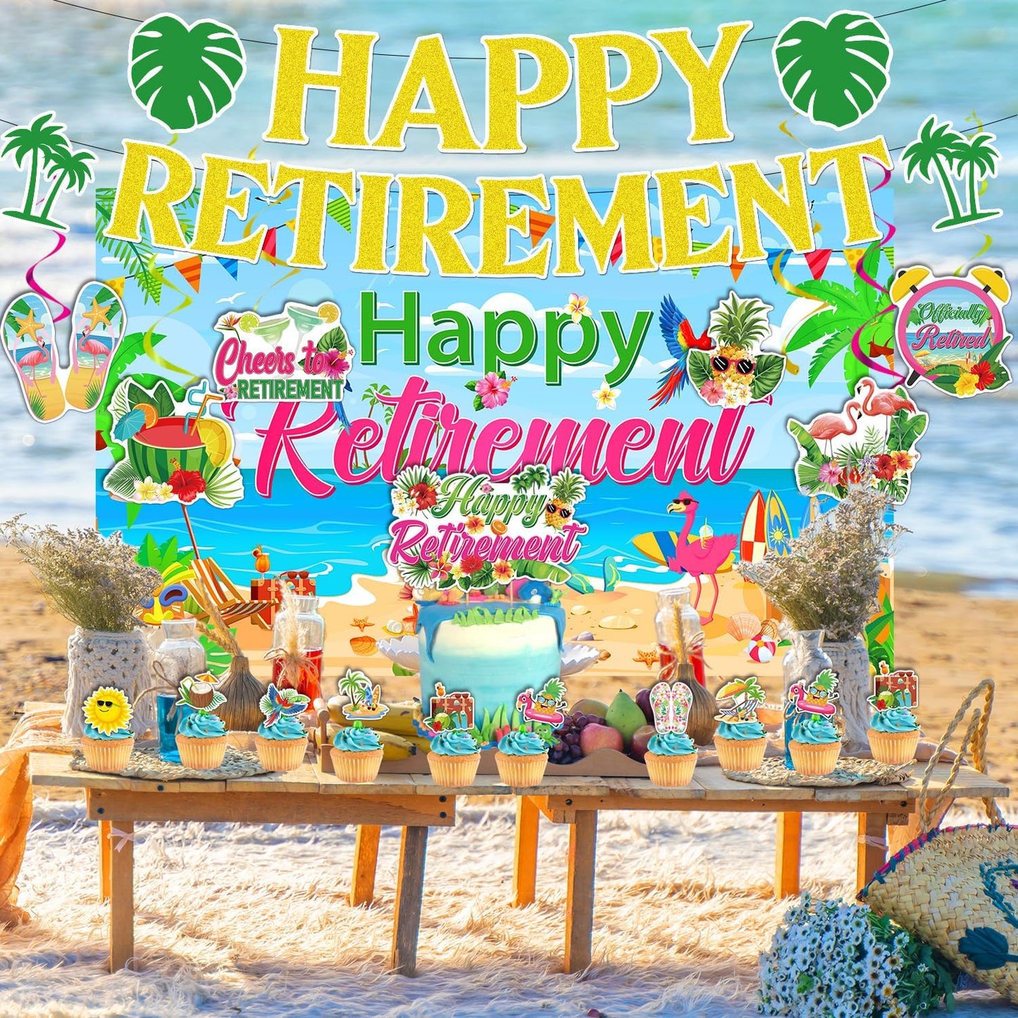 Rngmsi Hawaiian Retirement Party Decorations - 26 Pcs Happy Retirement Banner Decorations Set with Backdrop Hanging Swirls Cupcake Toppers Cake Topper, Aloha Tropical Summer Beach Party Decor Supplies WN420