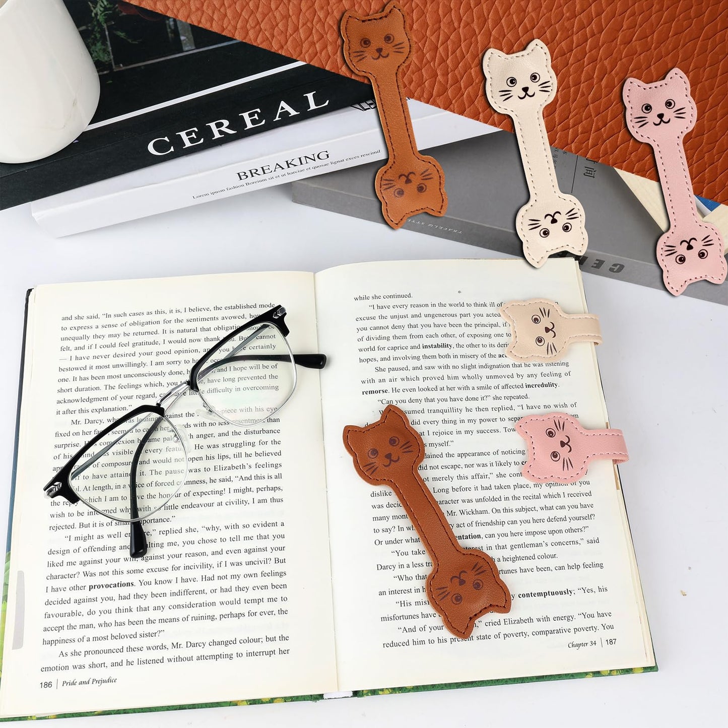 Zkptops Magnetic Leather Bookmarks Cute Cat Book Markers for Reading Women Men Strong Magnet Bookmark Clips Page Mark Unique Books Accessories Gifts for Book Lovers Teachers Students Reader (Brown) BST326L