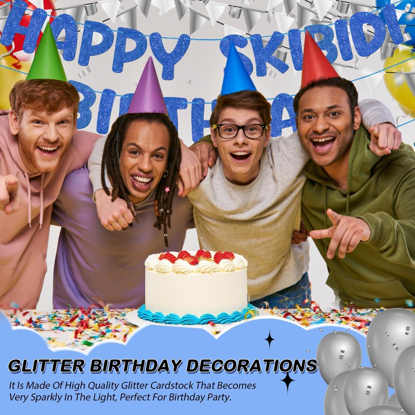 Fulmoon Pre Strung Happy Skibidi Birthday Sigma Banner Glitter Funny Zoomer Gen Z Slang Birthday Party Supplies Gen Z Slag Party Decorations Sign Gift(Champagne Gold) WN420