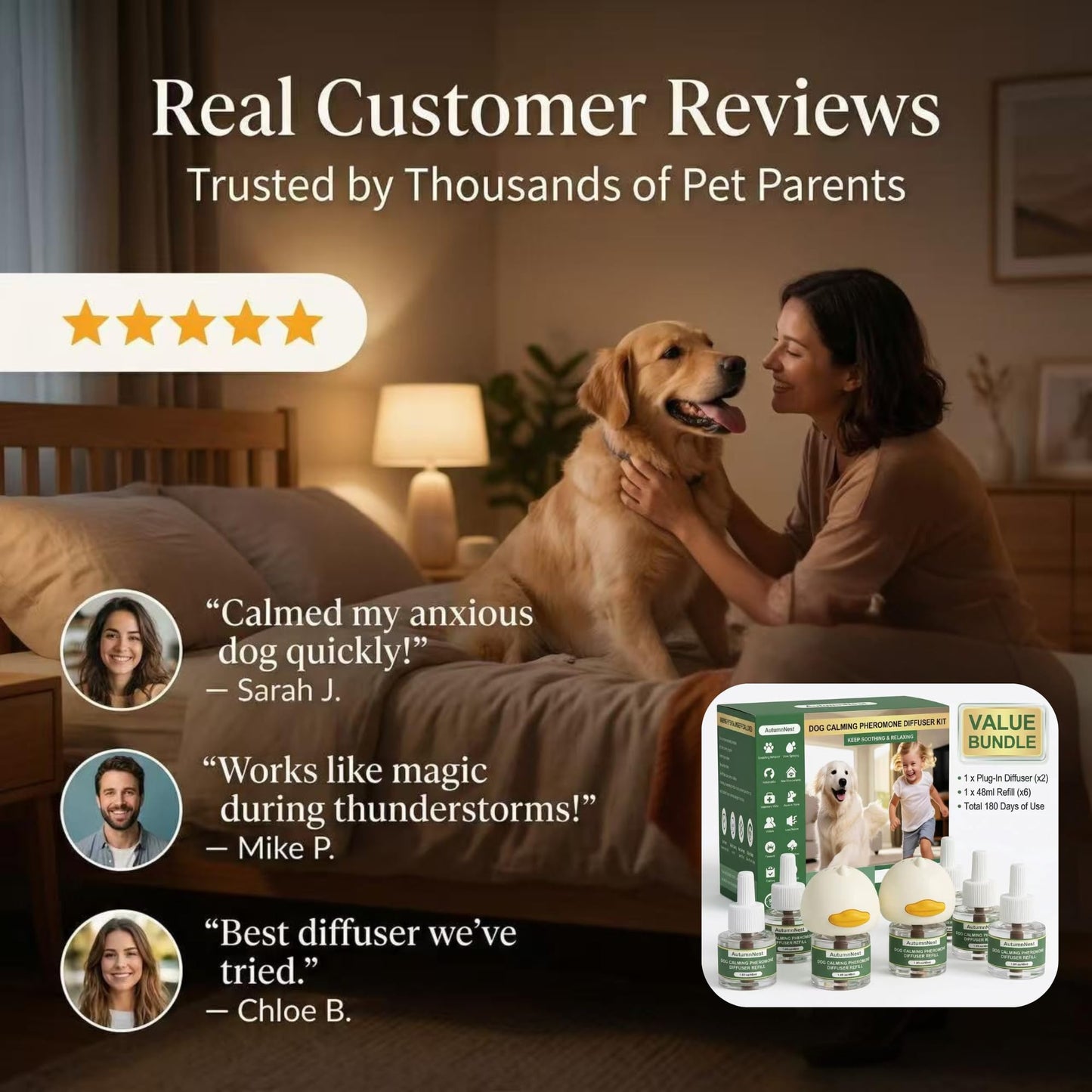 8-in-1 Dog Calming Pheromone Diffuser Kit – Pet Stress Support (2 Plug-Ins & 6x48ml Refills), Calming Diffuser for Dog During Thunderstorms, Travel, Separation, Fireworks & Vet Visits, 180-Day Supply WN420