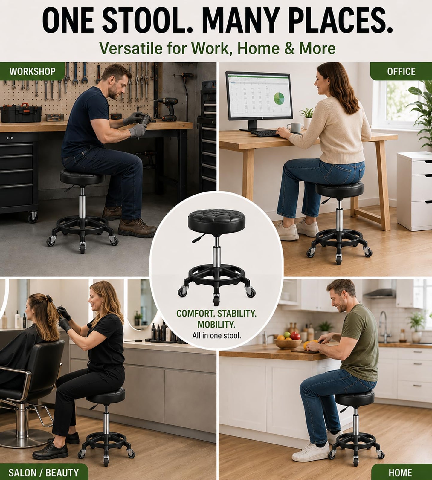 Low Rolling Stool with Smooth & Quiet Bearing Rubber Wheels, Heavy Duty 600 lb Capacity Mechanics Rolling Seat for Garage, Salon, Cleaning & Auto Repair, Black Seat with Black Frame WN420