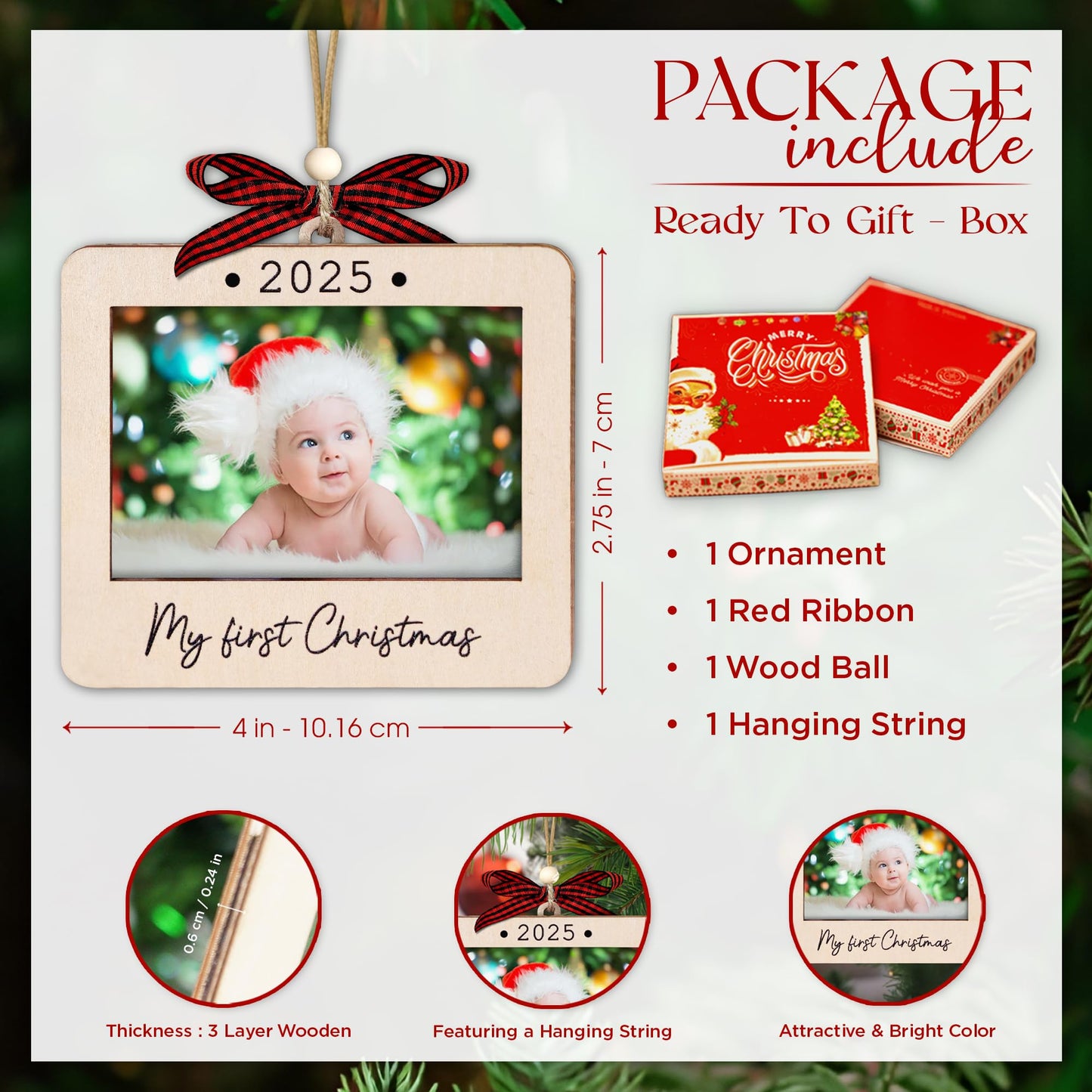 Hangwoous Baby's First Christmas Photo Frame Ornament 2025 | Wooden portrait frame keepsake, first Christmas photo gift for baby BST202