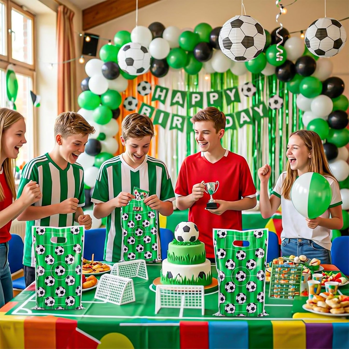 Sibba 50 Pcs Soccer Goodie Bags with Handles Plastic Soccer Gift Bags Birthday Party Favors Bag for Candy Snack Cookie, Soccers Party Theme Favor Decor Supplies for Football Sport Theme Treat Game Day BST202