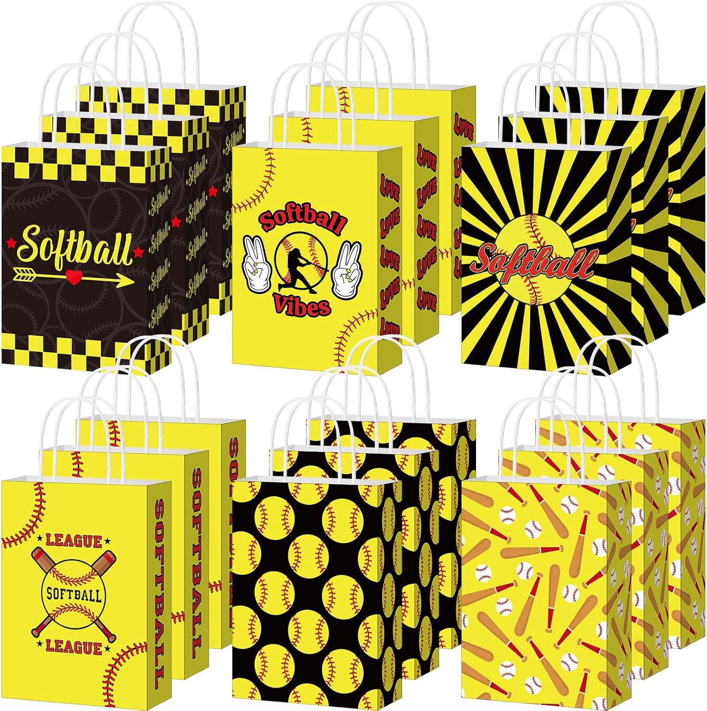 MotiMind 24 Pcs Softball Party Favor Bags Black Yellow Softball Themed Goodie Gift Wrapping Paper Bags with Handles Portable Sports Ball Candy Treat Pouch for Birthday Party Decorations Supplies BST326H