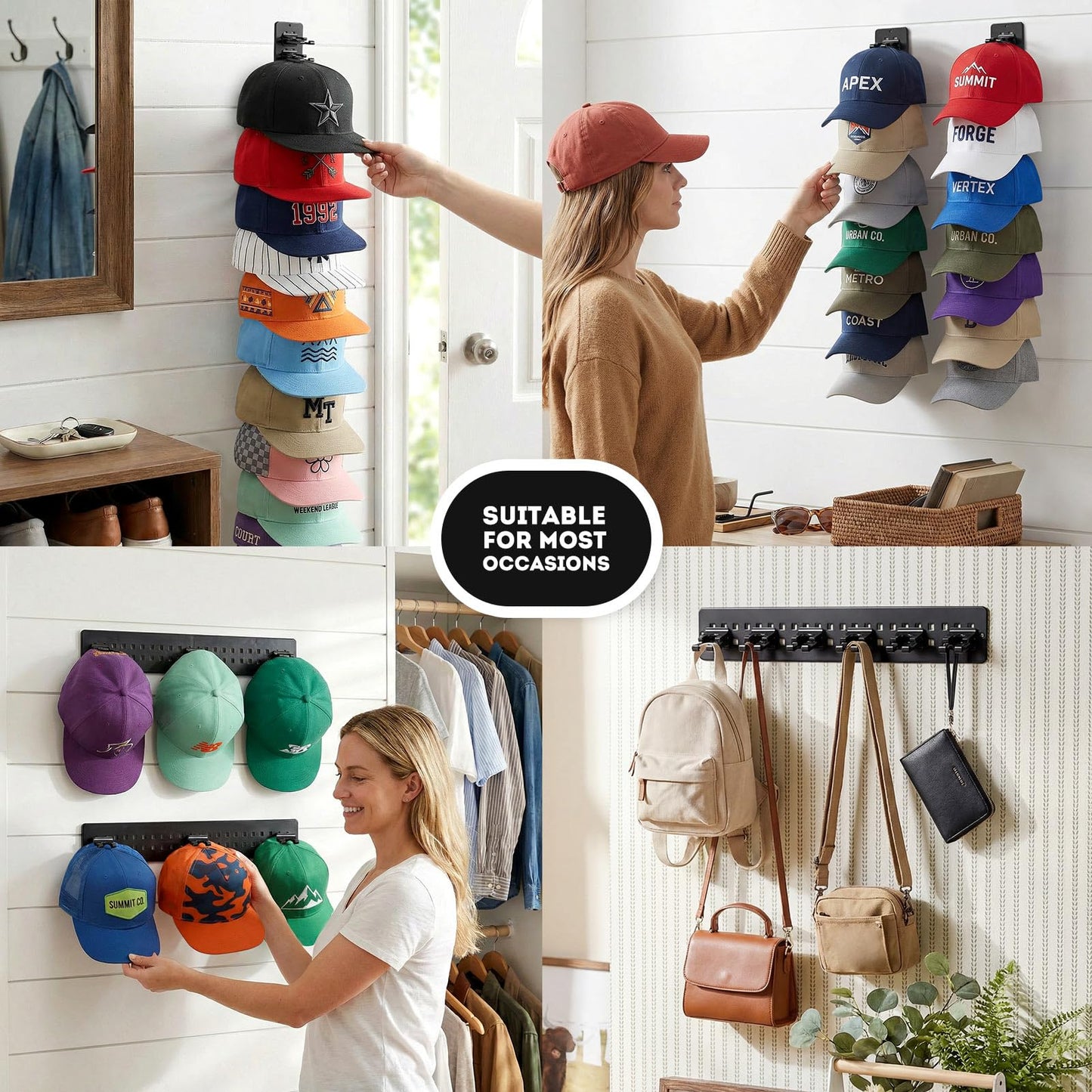 Hat Hook for Wall, 2 Pack Hat Organizer Hold up to 20 Hats,Hat Holder with Strong Adhesive and 8 Pack Screws, Cap Holder Hat Hangers for Wall Closet Door and Bedroom(B-Black) BST220