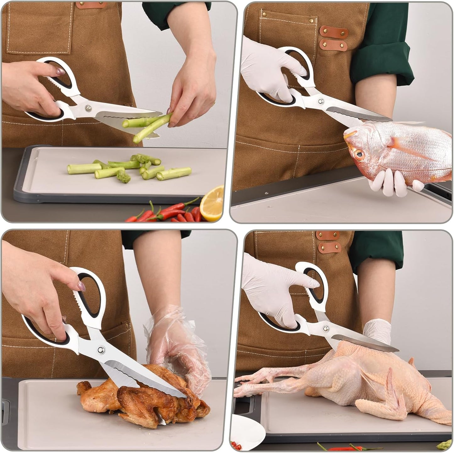 Kitchen Scissors with Ripple Blade Design, Ergonomic White Handles, Stainless Steel (Red) BST326H