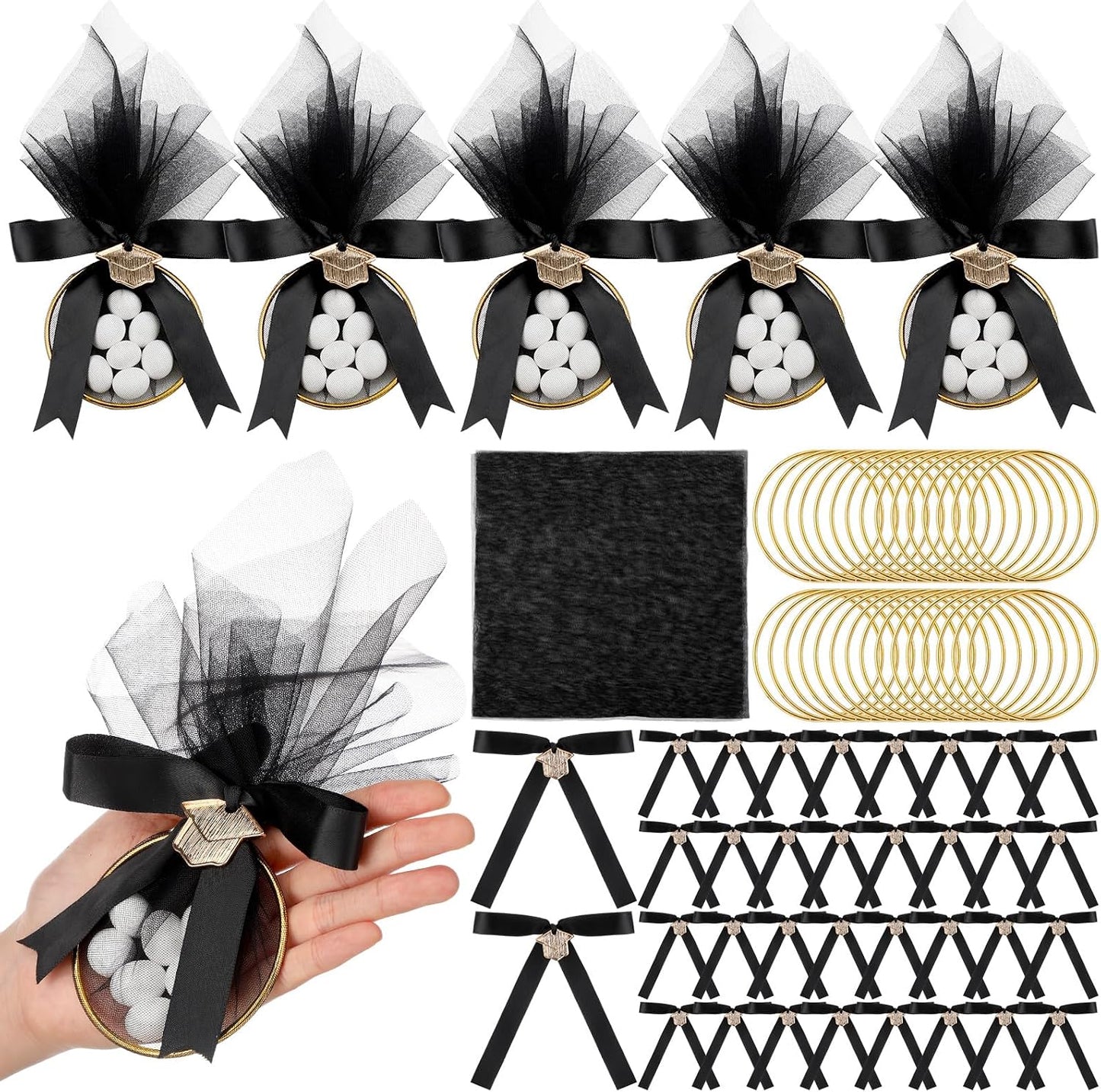 Leinuosen 30 Set Graduation Almond Candy Favors with Ring Tulle Bag DIY Marzipan Souvenirs for Class of 2026 Party Graduate Tradition Favors No Almond Candy (Black,Golden) WN420