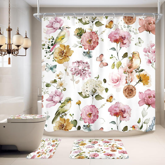 4 PCS Pink Floral Birds Bathroom Set with Shower Curtain and Rugs 72Wx72H Inch Classical Watercolor Non-Slip Bath Rug Toilet Lid Cover and U Shape Mat Accessories 12 Hooks Bathoom Decor BST326H