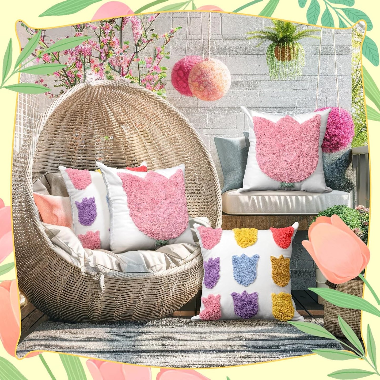 Mixweer Set of 2 Tulip Pillow Covers 18x18 Inch Embroidered Floral Pillowcases Soft Plush Farmhouse Decor Floral Throw Pillow Cover with Zipper for Summer Spring Mother's Day Home Sofa Holiday Decor BST326L