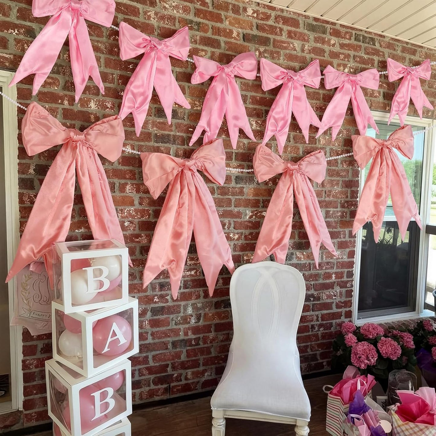 2 Pcs 8.5 ft Large Pink Bow Garland Banner with Pearl Chain Satin Ribbon Pink Bow Hanging Wall Decor for Wedding Birthday Bachelorette Coquette Bridal Baby Shower Engagement Decoration BST202